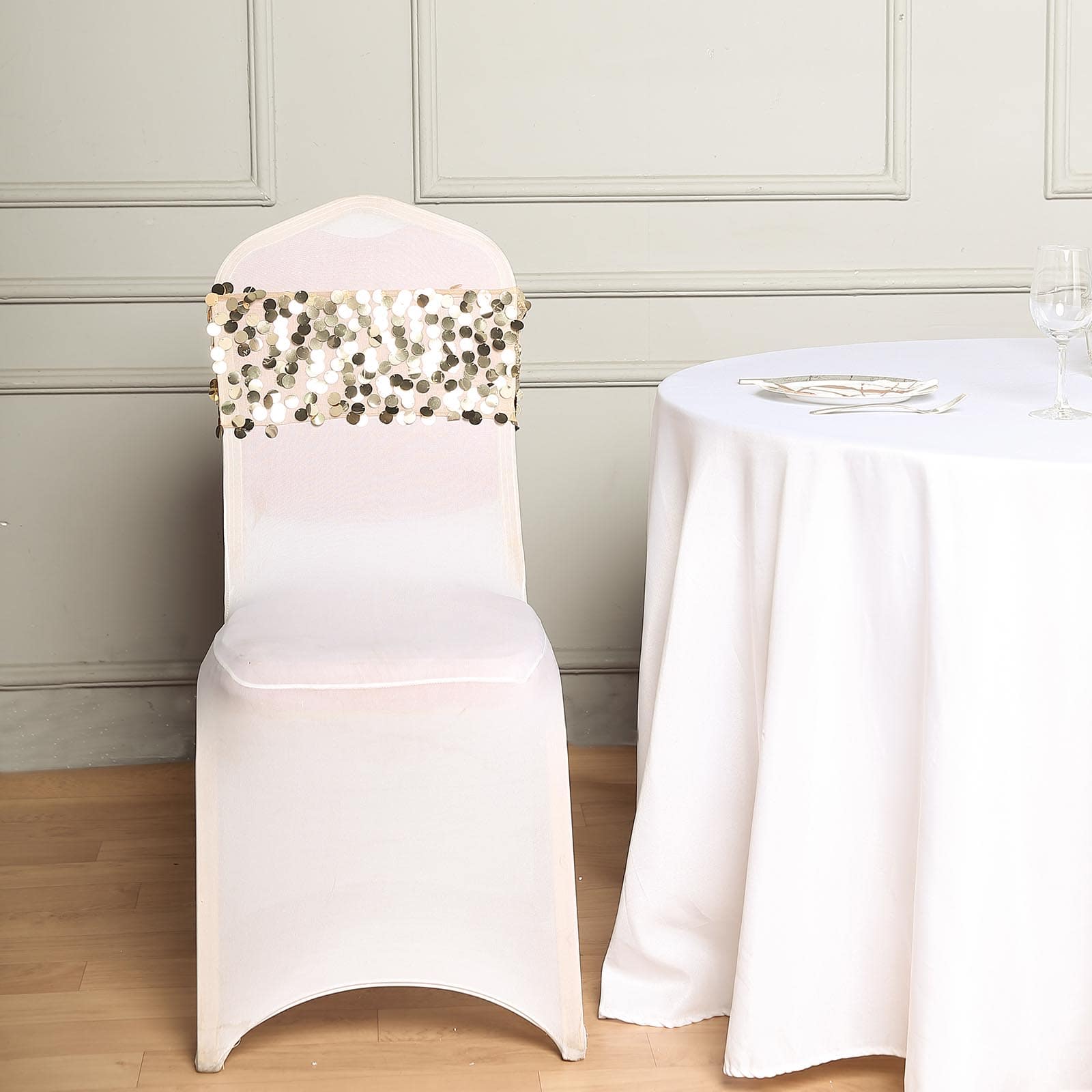 5-Pack Champagne Payette Sequin 13x10 Chair Sash Bands - Ideal for Weddings & Gatherings