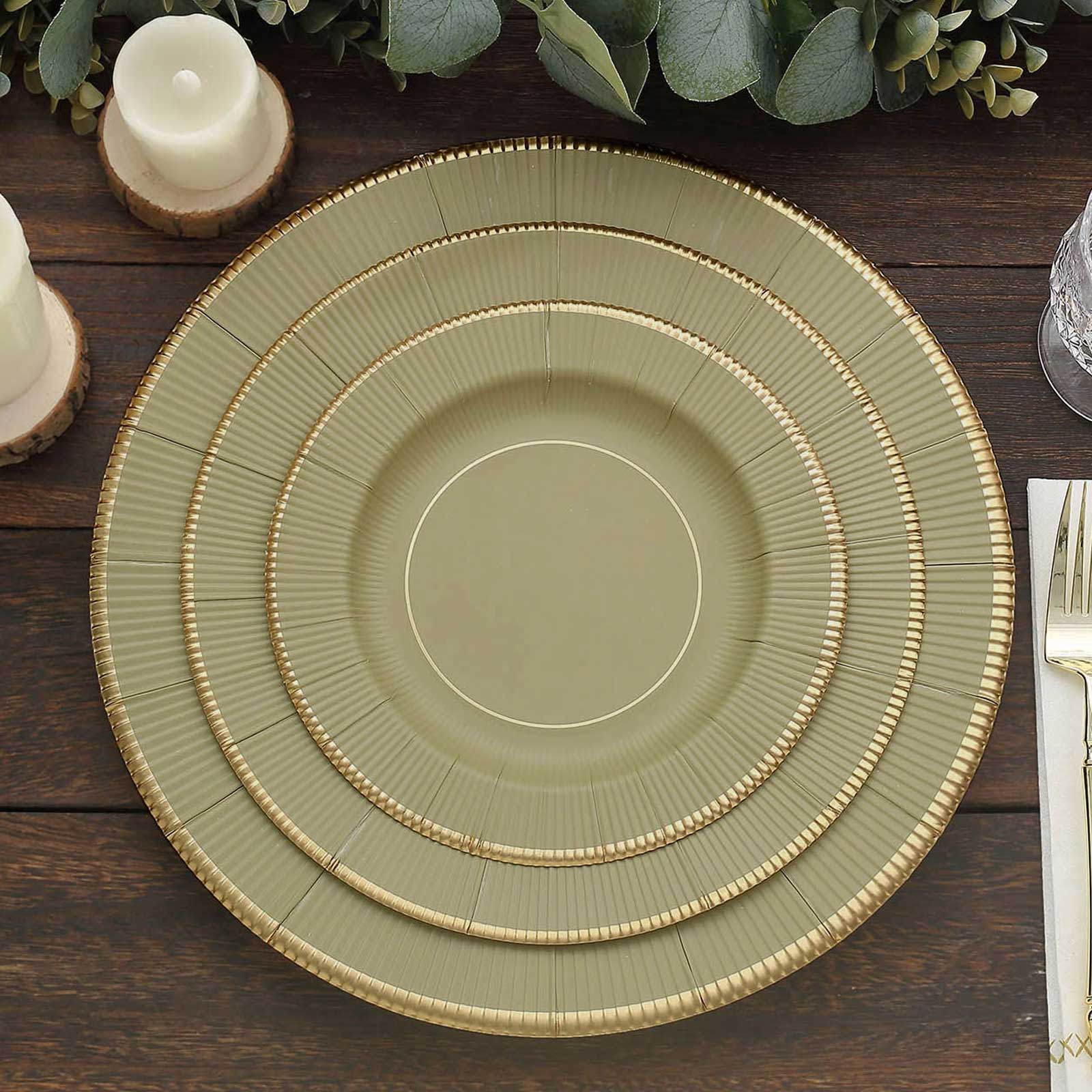 25-Pack Disposable 8-Inch Round Khaki Sunray Dessert Plates with Gold Rim - Heavy Duty 350GSM