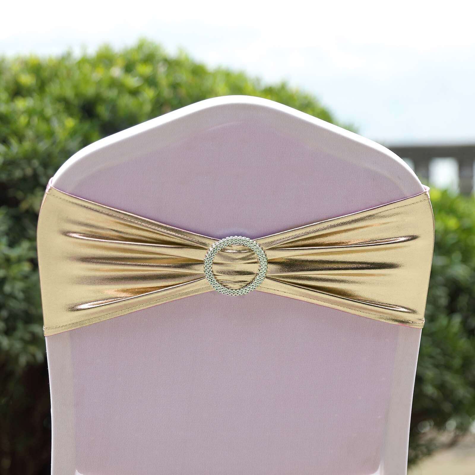 5-Pack Champagne Metallic Spandex Chair Sashes with Round Diamond Buckles - Stretch Fit!
