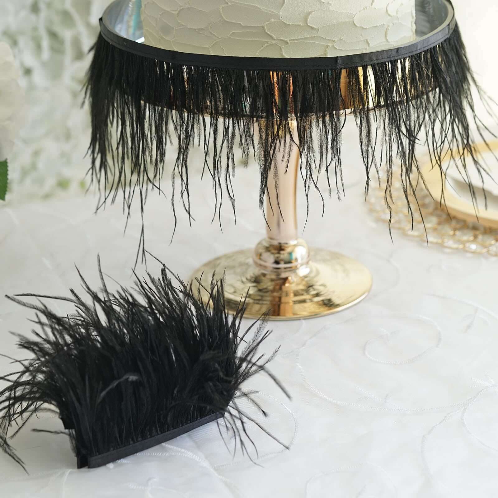 39" Black Real Ostrich Feather Fringe Trim with Satin Ribbon - Ideal for Decor