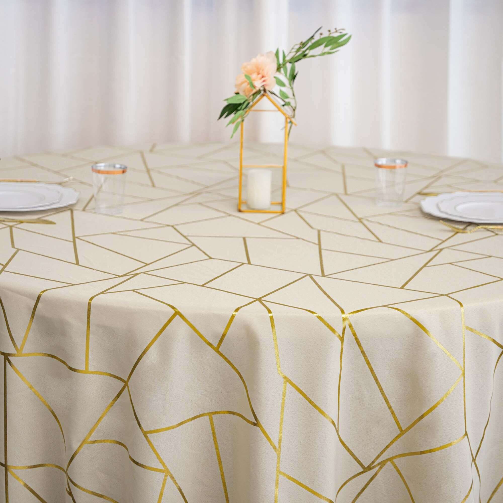 Exclusive Beige Polyester 120 Round Tablecloth with Gold Foil Geometric Pattern - Wrinkle-Resistant
