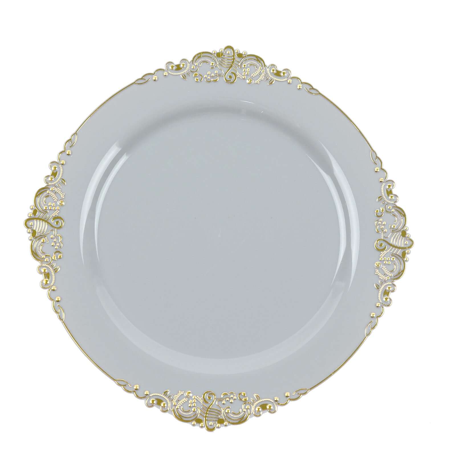 10-Piece Disposable Gray Plastic Round Dinner Plates with Gold Leaf Embossed Rim in Vintage Baroque Style