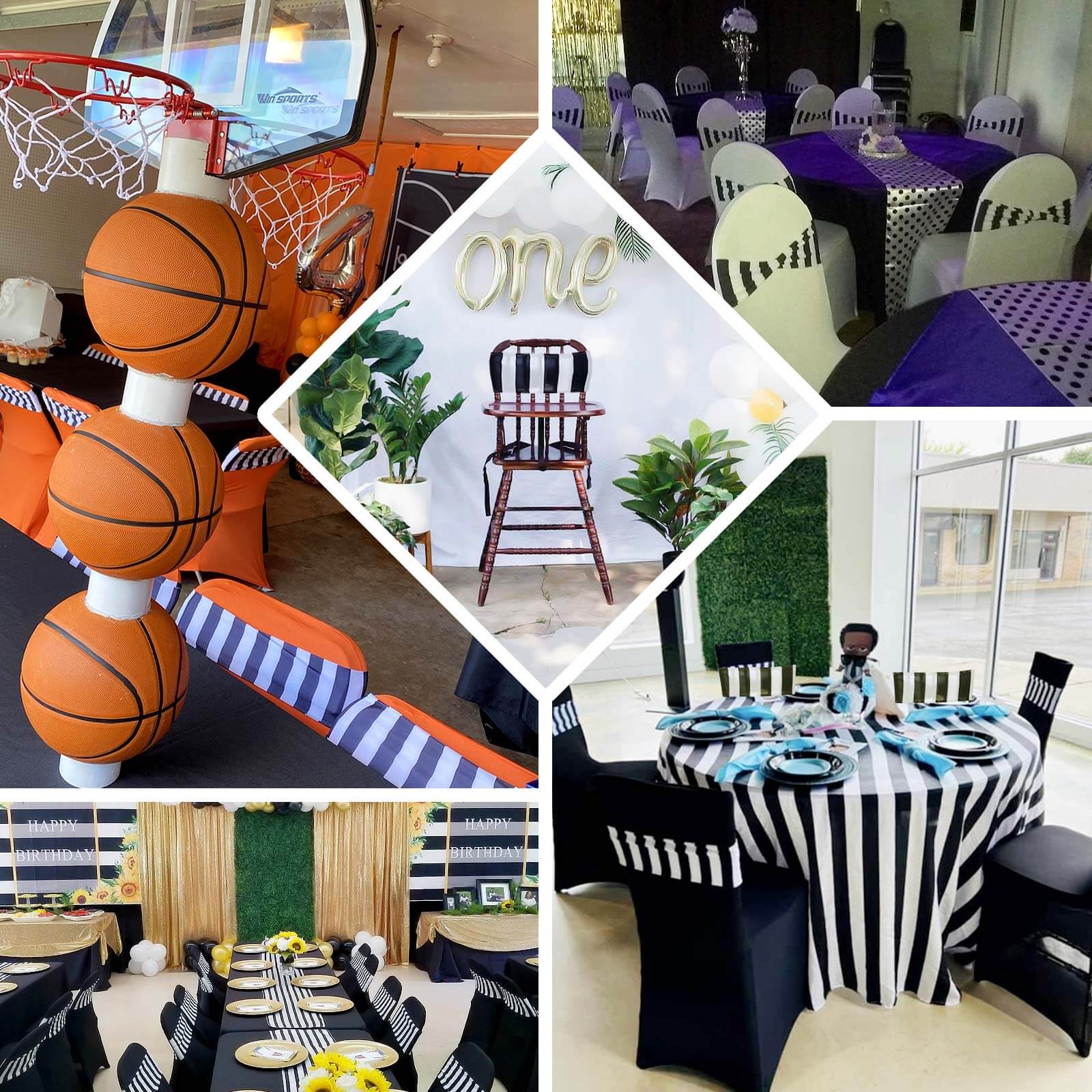 5-Pack Black/White Vertical Striped Spandex Chair Sashes - Wrinkle-Free & Easy to Use for Stunning Decor