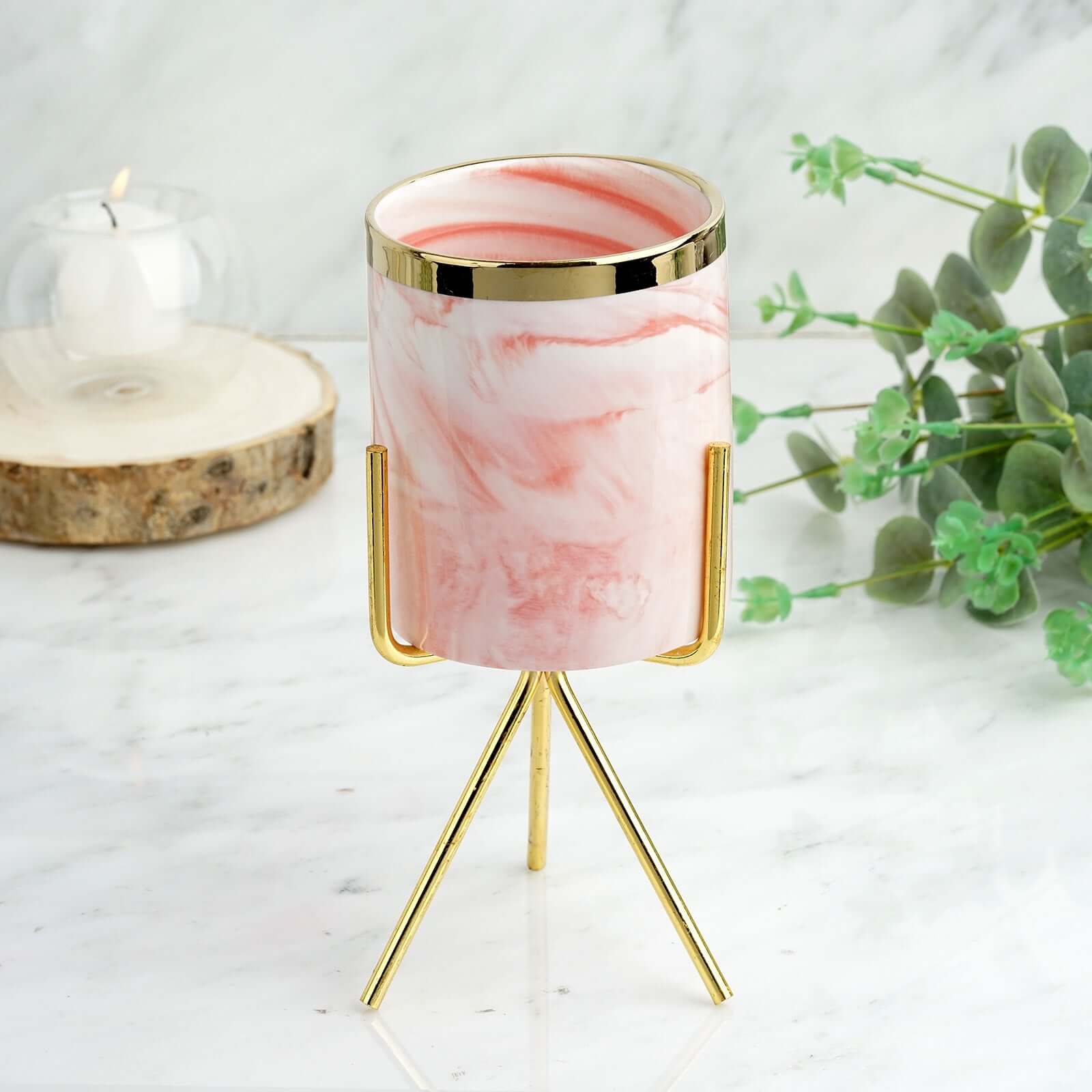 8-Inch Decorative Gold-Rimmed Pink Marble Ceramic Planter with Gold Metal Stand
