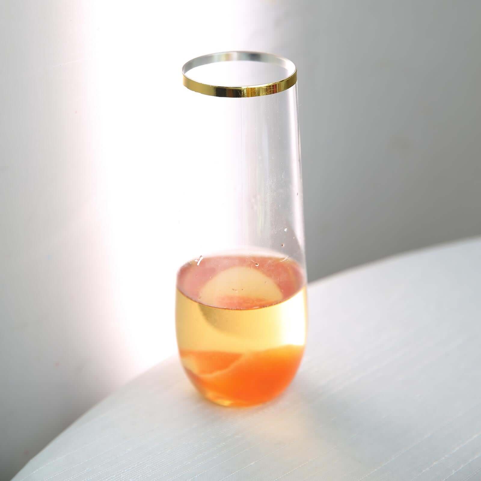 9oz Reusable 6-Pack Clear Plastic Stemless Champagne Flutes with Gold Rim
