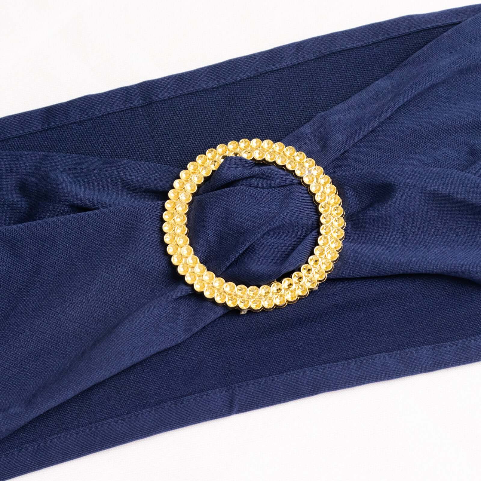 5-Piece Set of Navy Blue Spandex Chair Sashes with Gold Rhinestone Buckles - Reusable 4-Way Stretch Bands