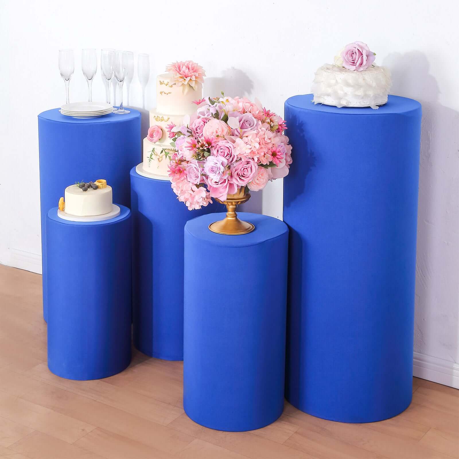 Hot Sale! Set of 5 Royal Blue Stretchable Spandex Cylinder Pedestal Stand Covers - 160 GSM