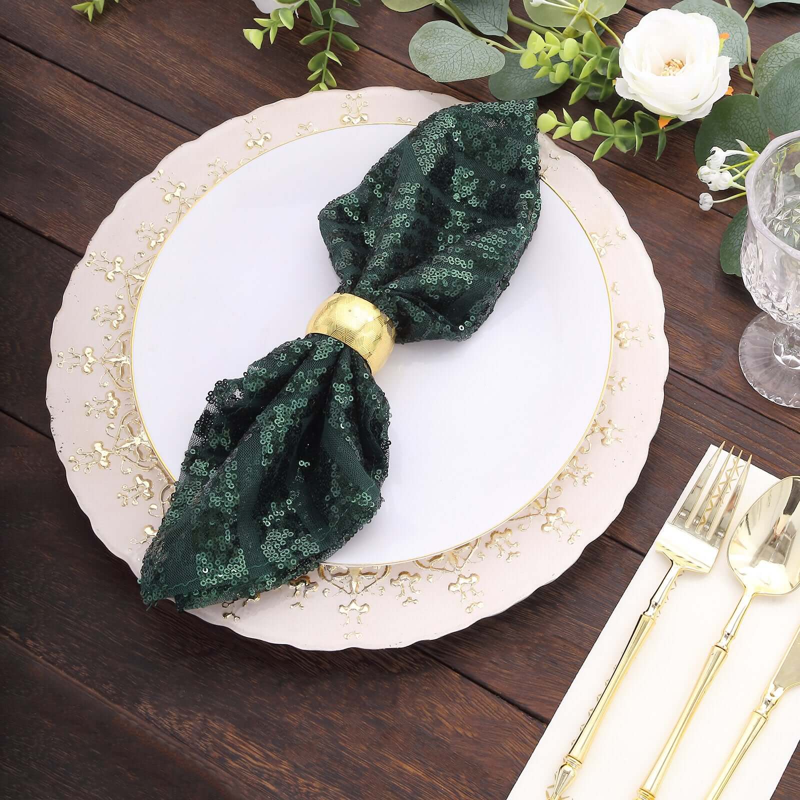 Get Reusable Diamond Pattern Sequin Dinner Napkins in Hunter Emerald Green, 20x20 Size