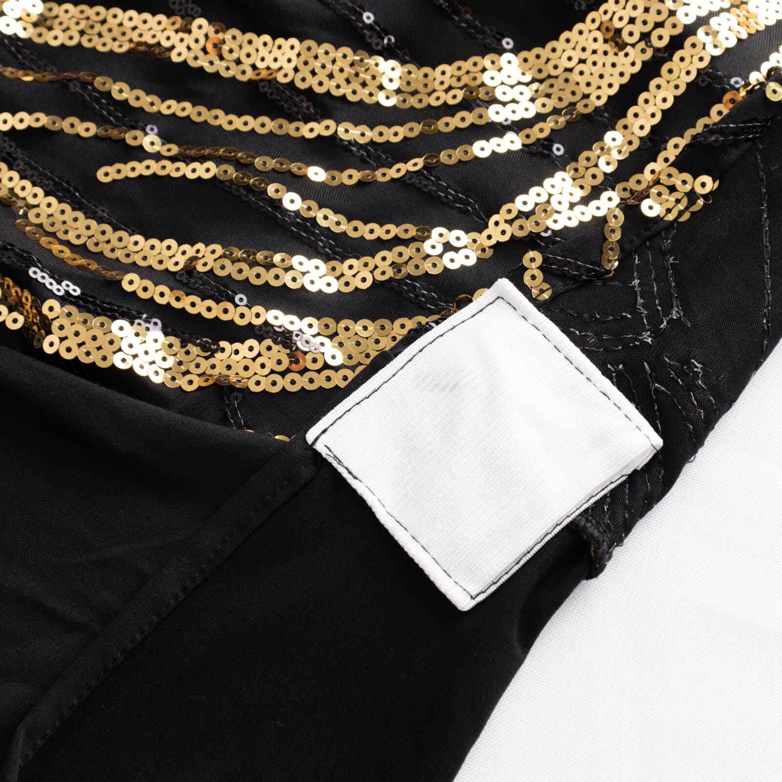 Sparkling Black/Gold Spandex Banquet Chair Cover with Wave Embroidered Sequins - Fitted Stretch Slipcover