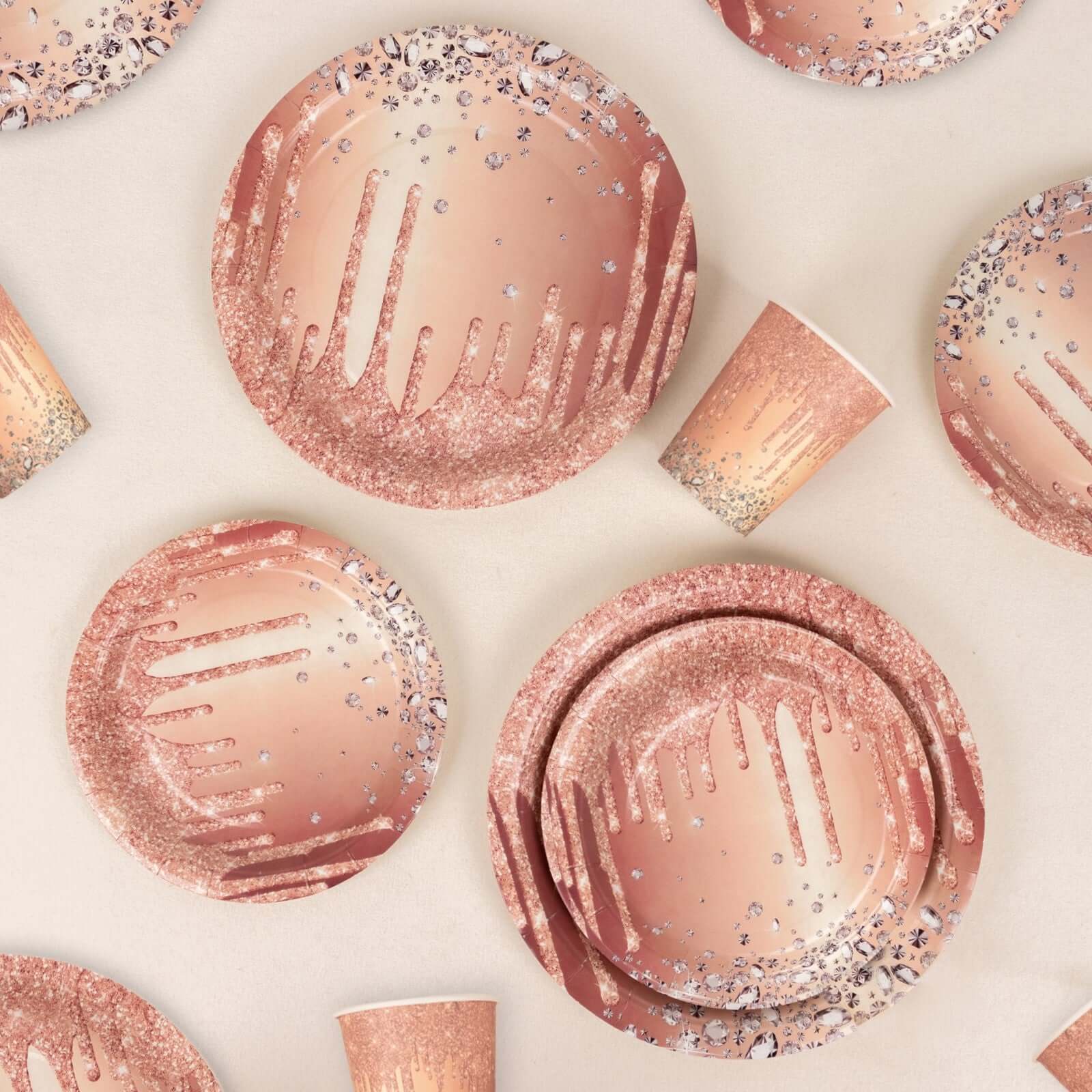 Hot Sale! 72-Piece Disposable Paper Dinnerware Set in Rose Gold with Diamond Glitter Drip Pattern