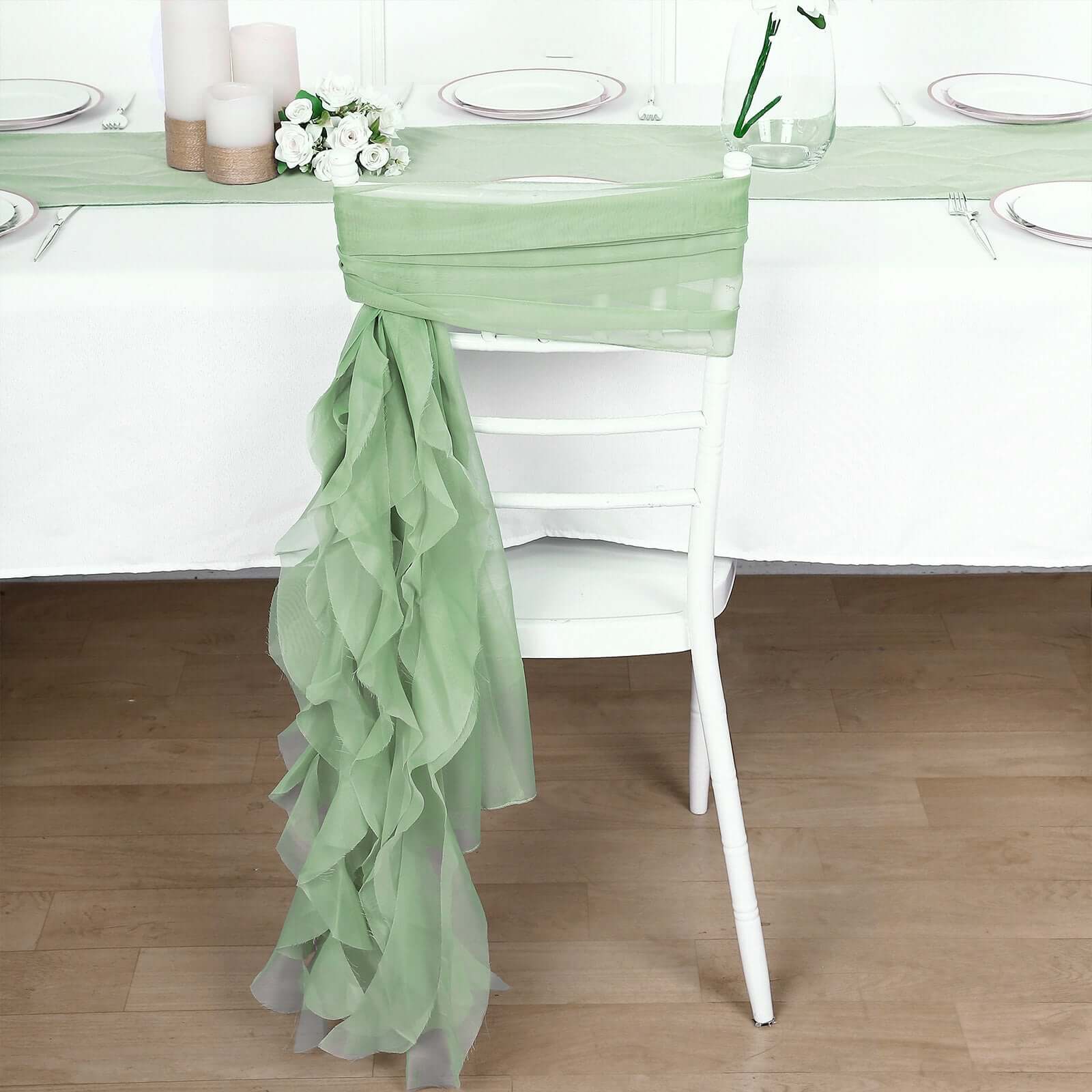 Stylish Sage Green Chiffon Chair Sashes Set with Willow Ruffles Design