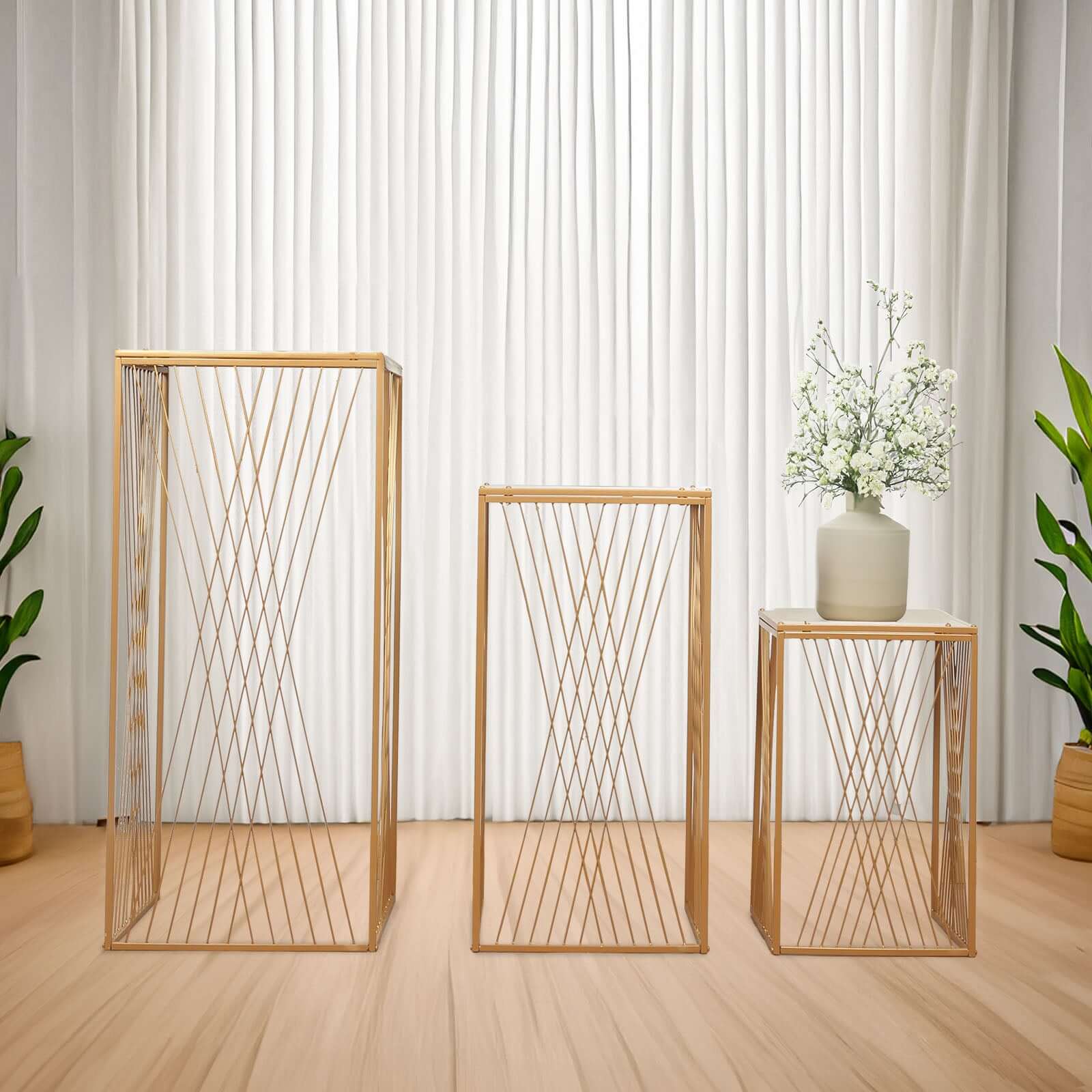 Special Offer! Set of 3 Gold Metal Rectangular Nesting Plant and Dessert Display Stands