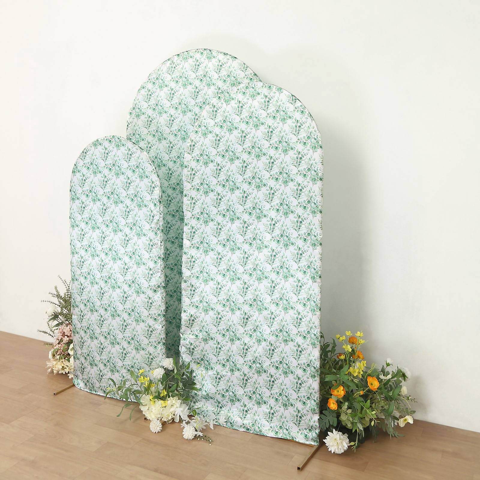 Hot! Set of 3 Satin Wedding Arch Covers with Eucalyptus Leaves Print - 5ft, 6ft, 7ft