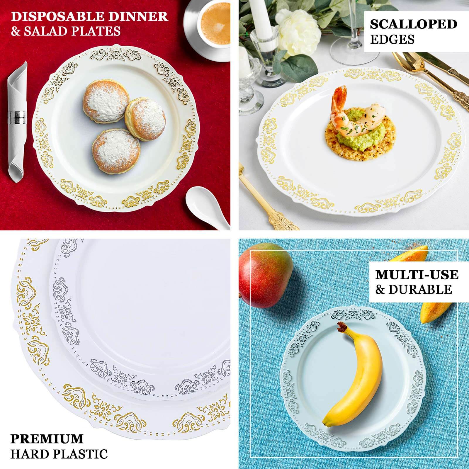 Hot Deal! 10-Pack Disposable Blush Plastic Round Appetizer Plates with Gold Embossed Scalloped Edge for Special Events