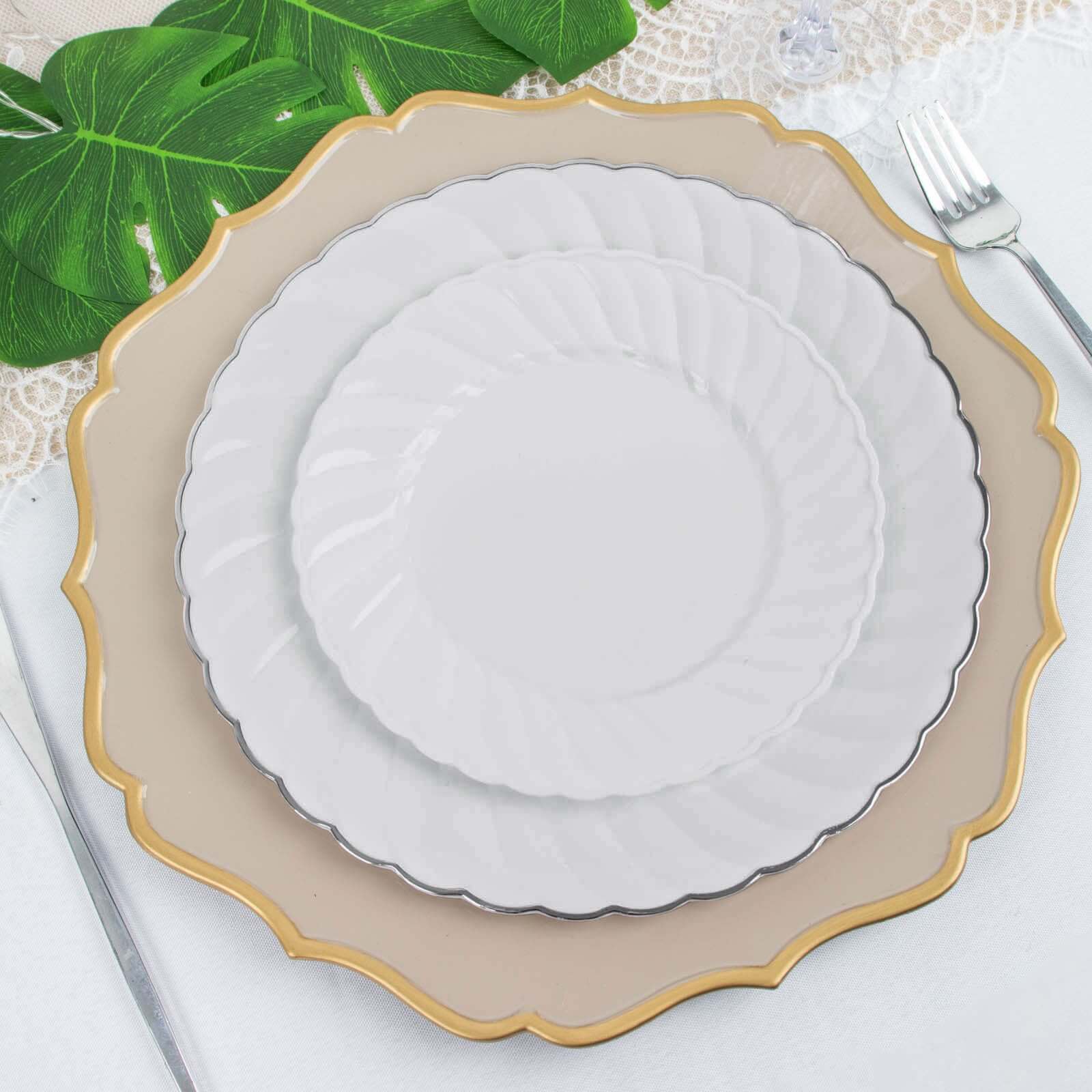 12-Piece Set of Sturdy White Plastic Dessert Plates with Flair Rim, 7.5 Inches
