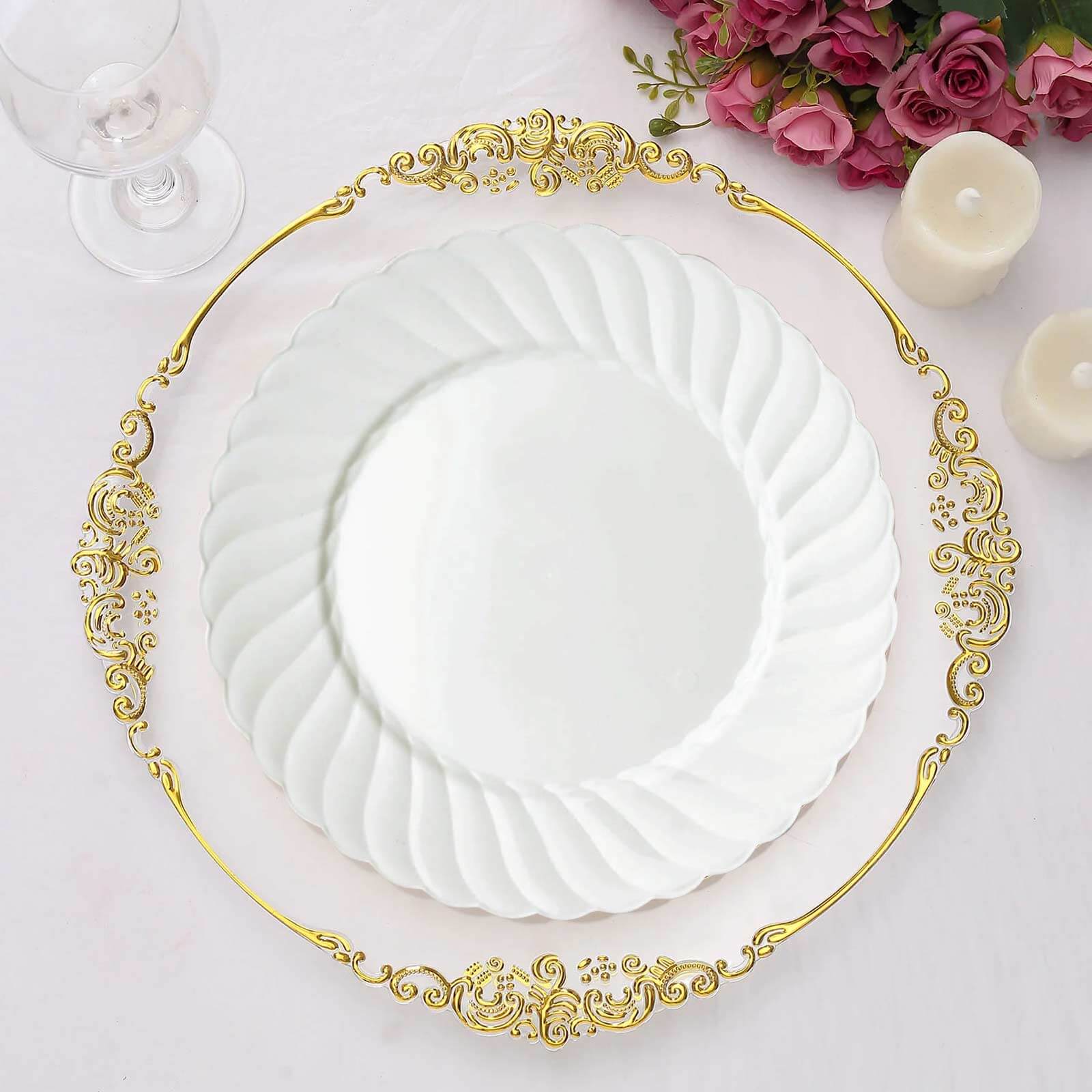 12-Piece Set of Durable Disposable Glossy White Swirl Rim Plastic Dinner Plates, 10 Inches
