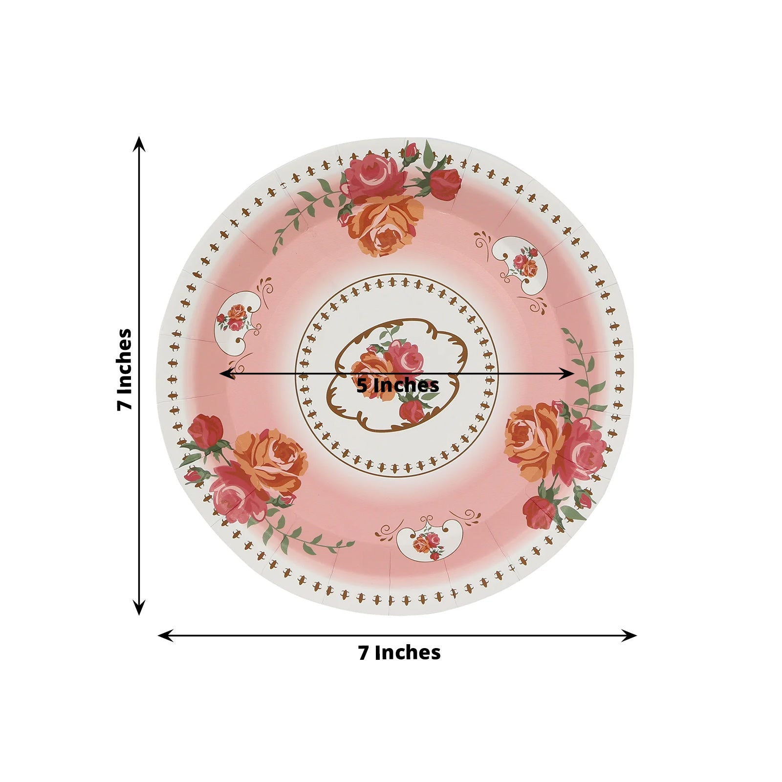 25-Piece Set of 7-Inch Dusty Rose Disposable Paper Dessert Plates with Vintage Rose Prints