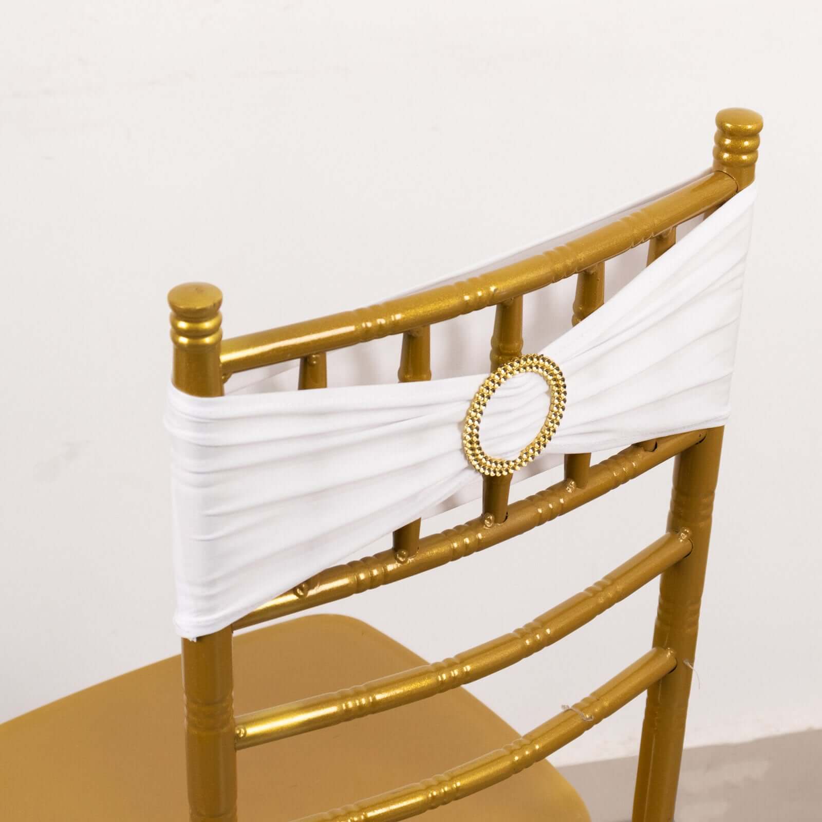 5-Piece Reusable White Spandex Chair Sashes with Gold Rhinestone Plastic Buckles for Weddings and Parties