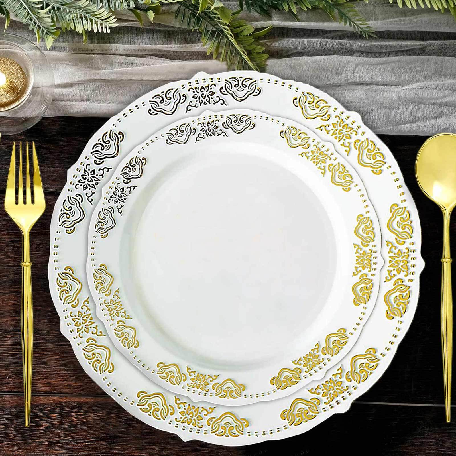 10-Pack White Plastic Round Appetizer Plates with Gold Embossed Scalloped Edge for Special Events
