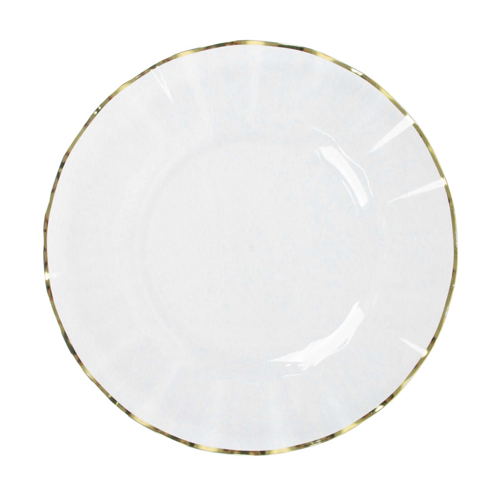 10-Piece Set of Sturdy Disposable Plastic Round Dinner Plates with Clear Ruffled Rim and Gold Edging