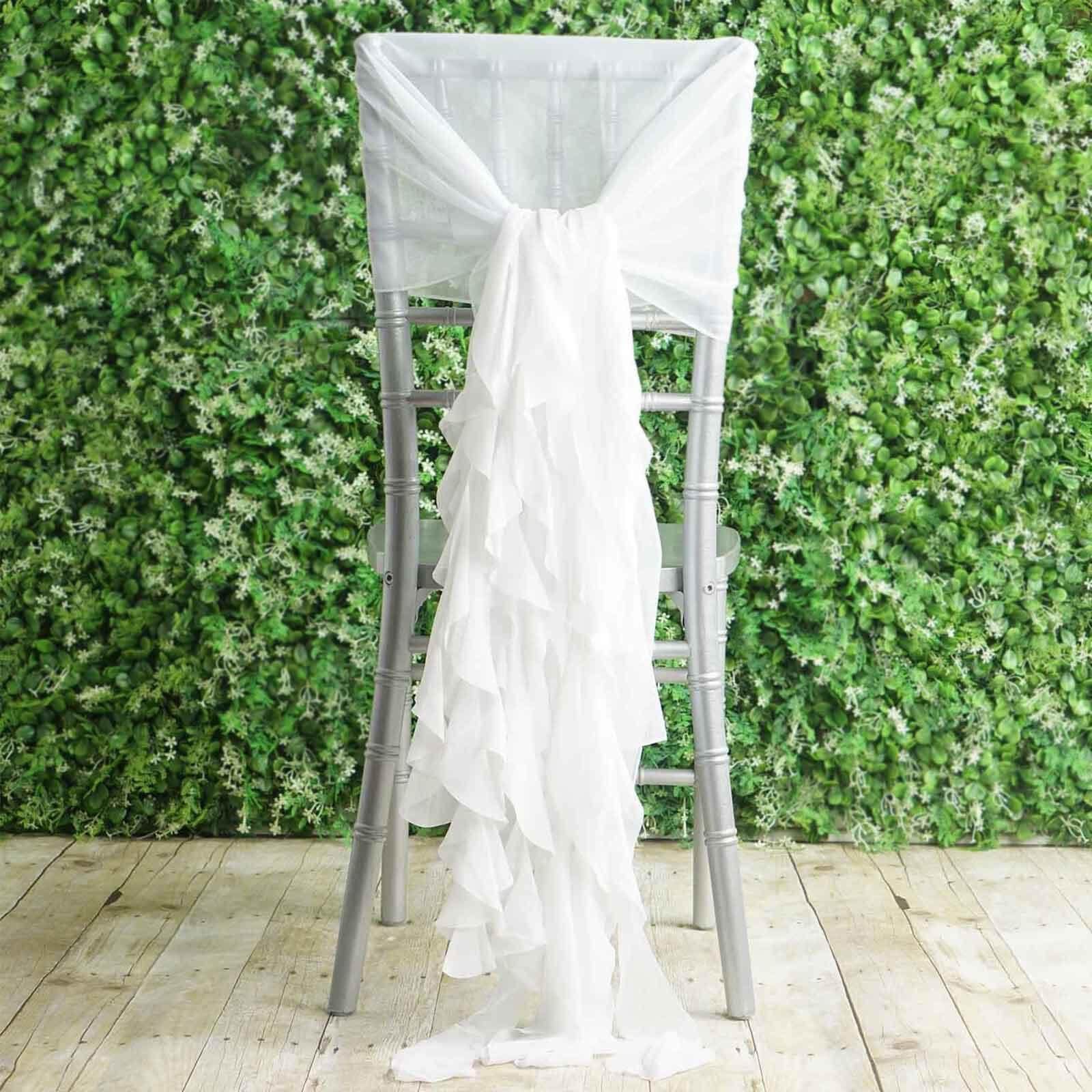 Hot Deal! 1 Set of White Chiffon Chair Sashes with Willow Ruffles for Weddings & Gatherings