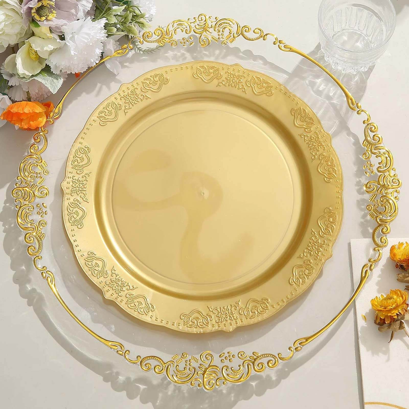 Hot Deal! 10-Pack of Disposable Round Plastic Dinner Plates with Gold Embossed Scalloped Edge for Special Events