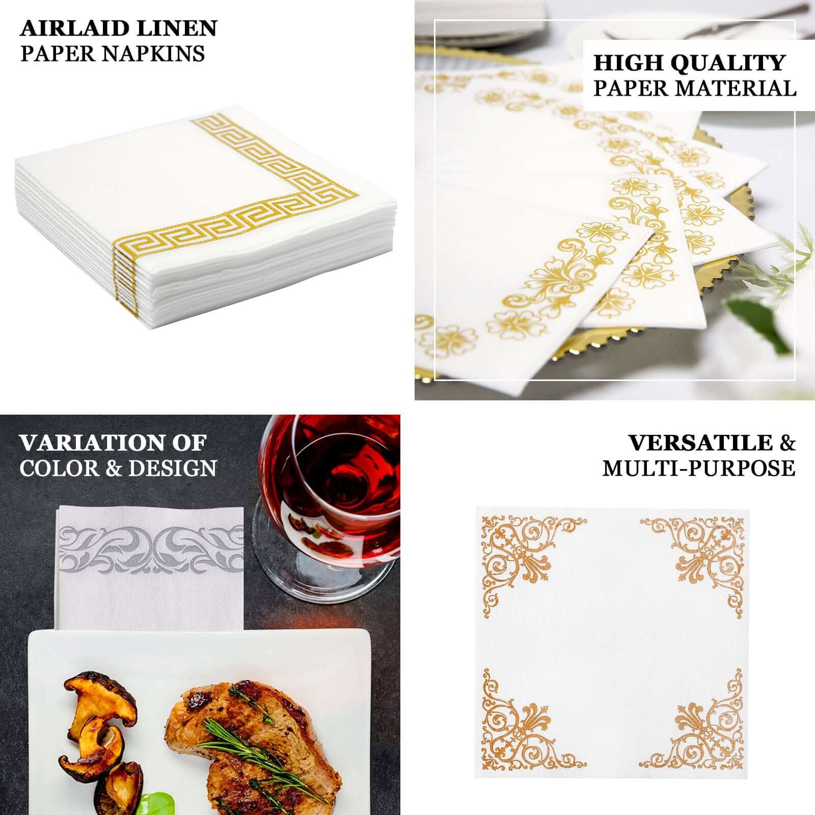 25-Piece Set of Hygienic Disposable Airlaid White Napkins with Gold Greek Key Design, 5x5 Size