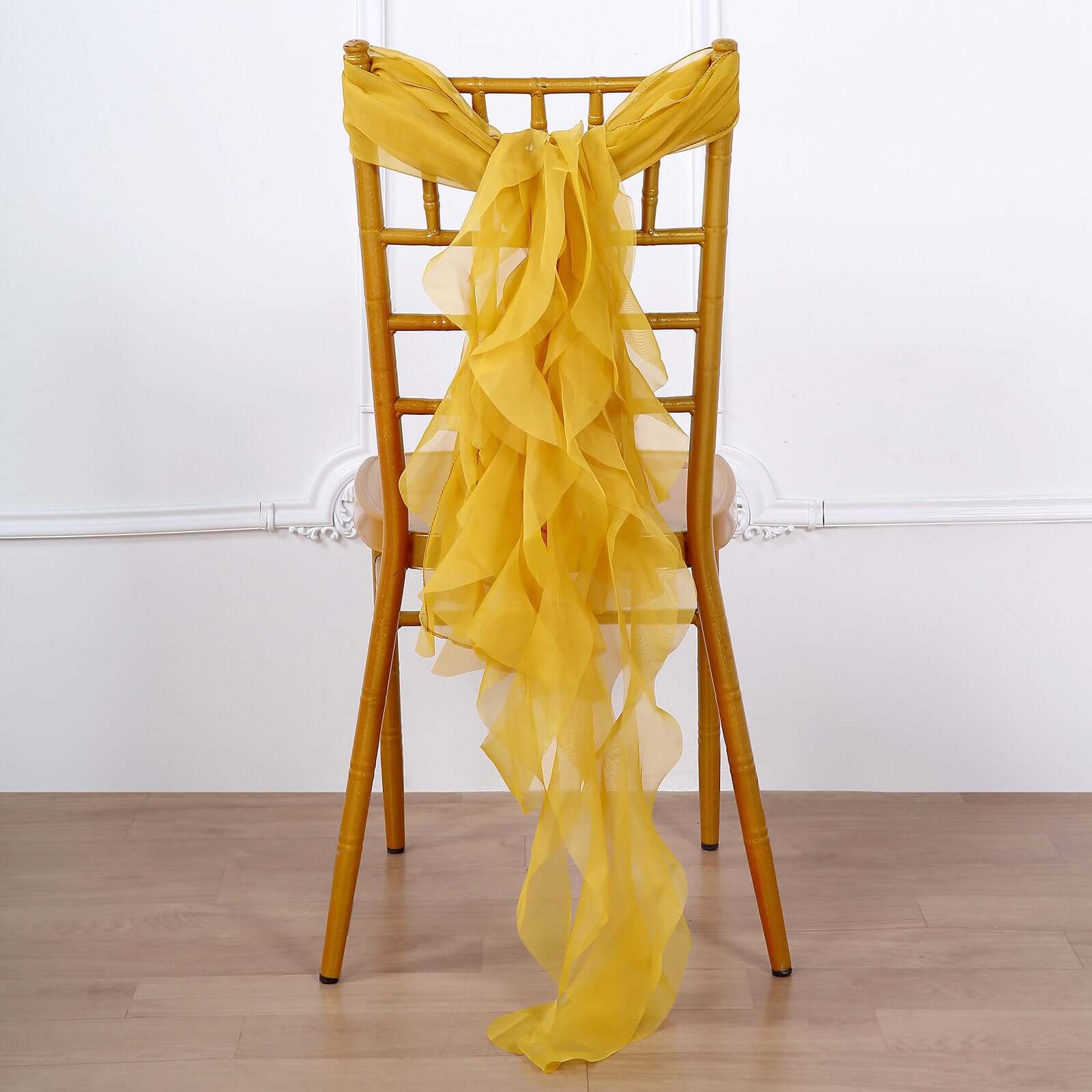 Mustard Yellow Chiffon Chair Sashes Set with Willow Ruffles - Elegant Chair Bow Decor