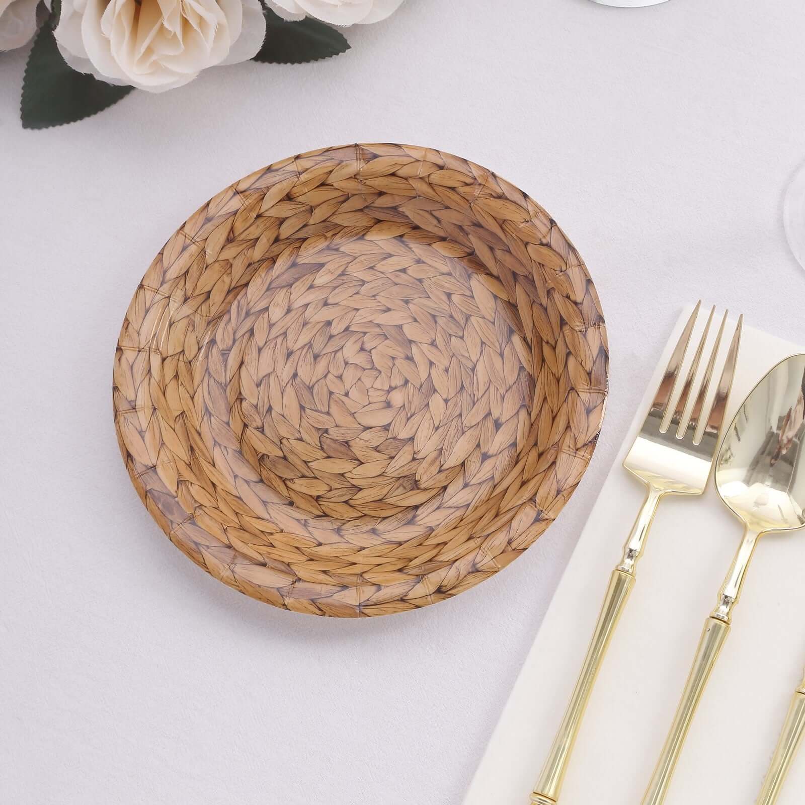 25-Pack 7" Natural Round Paper Dessert Plates with Woven Rattan Print - Premium Disposable Plates for Indoor/Outdoor Events