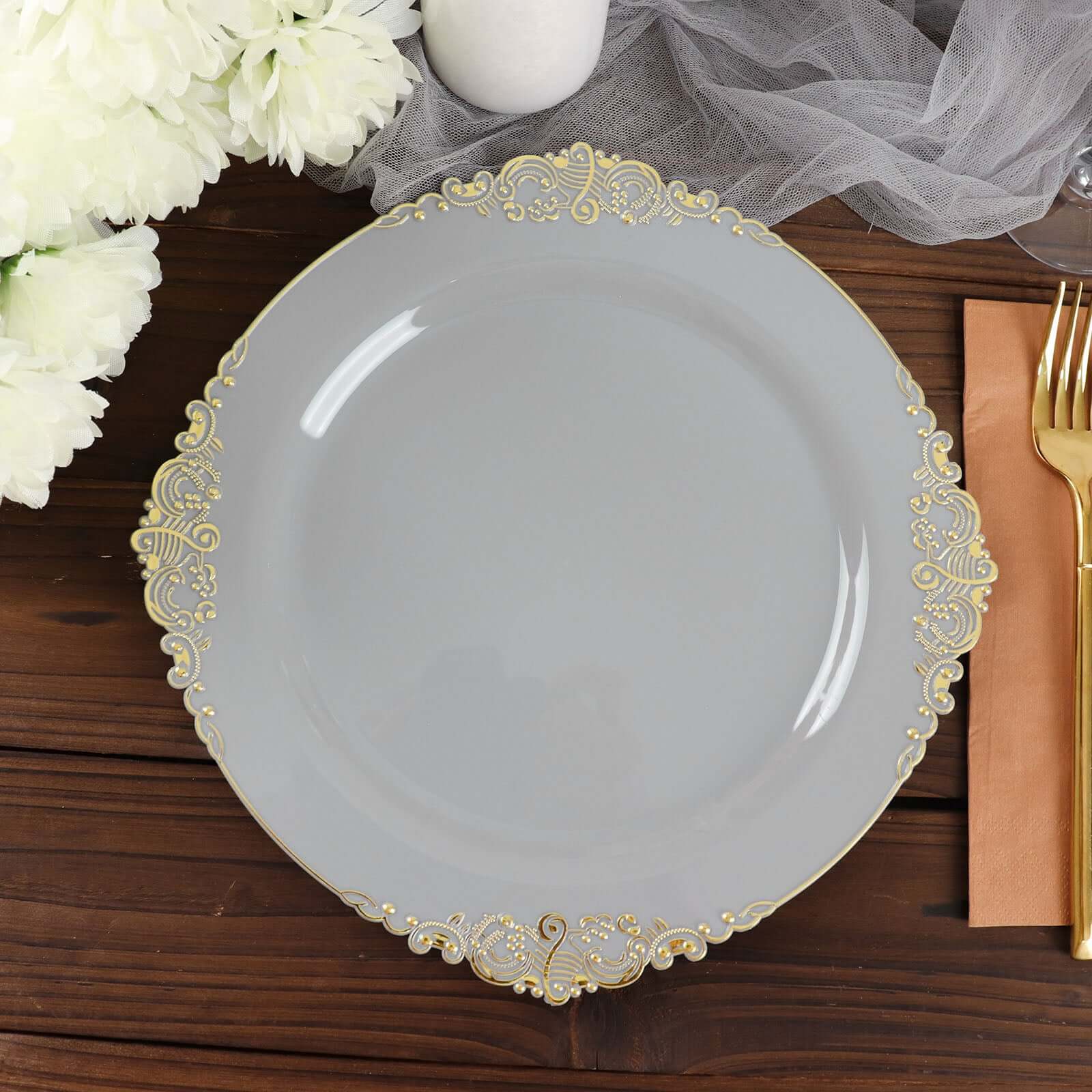 10-Piece Disposable Gray Plastic Round Dinner Plates with Gold Leaf Embossed Rim in Vintage Baroque Style