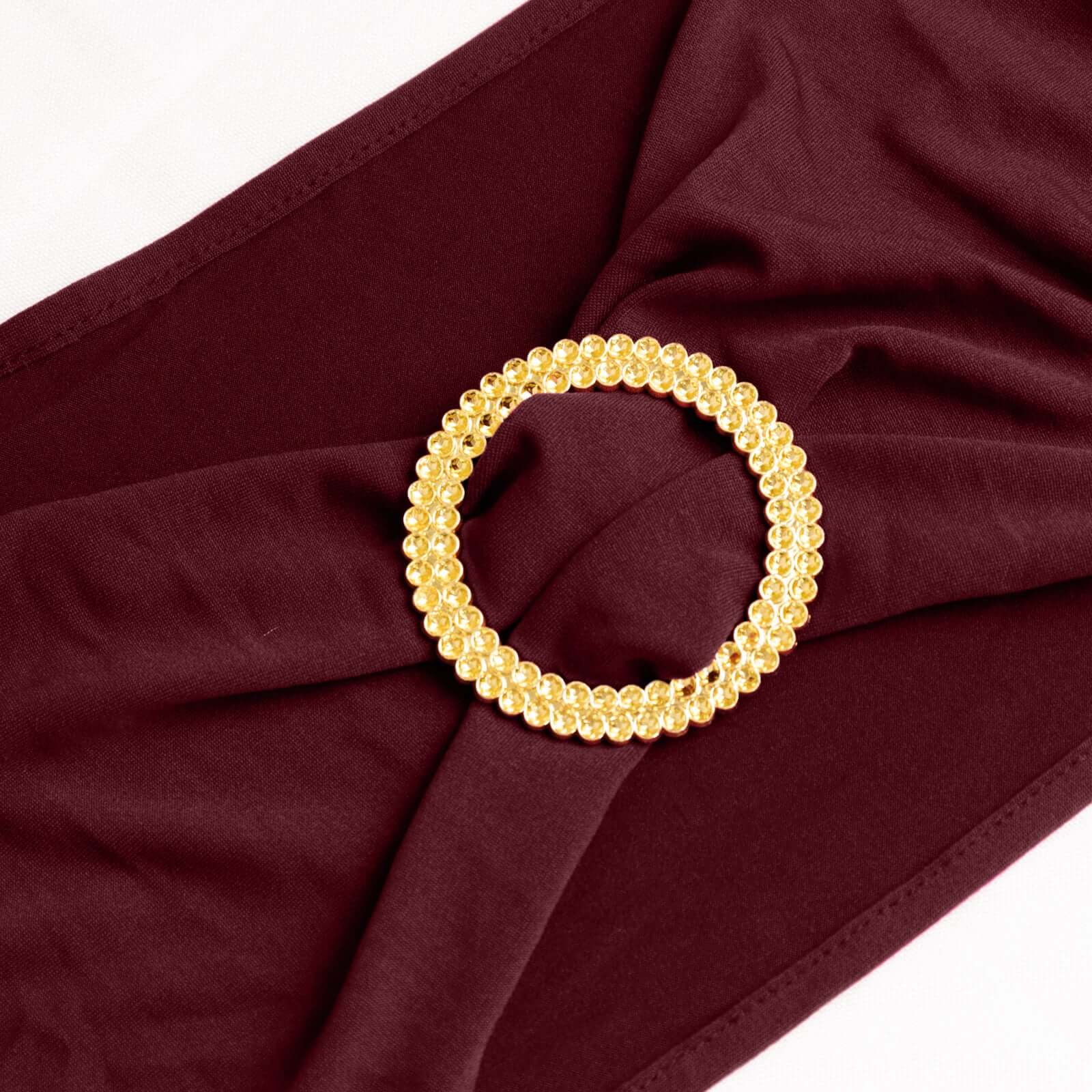 5-Pack Reusable Burgundy Spandex Chair Sashes with Gold Rhinestone Buckles - 4-Way Stretch