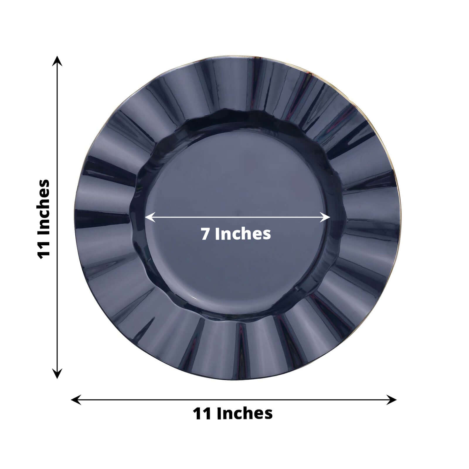 Hot Deal! 10-Pack 11" Navy Blue Plastic Round Dinner Plates with Gold Ruffled Edging - Sturdy Disposable