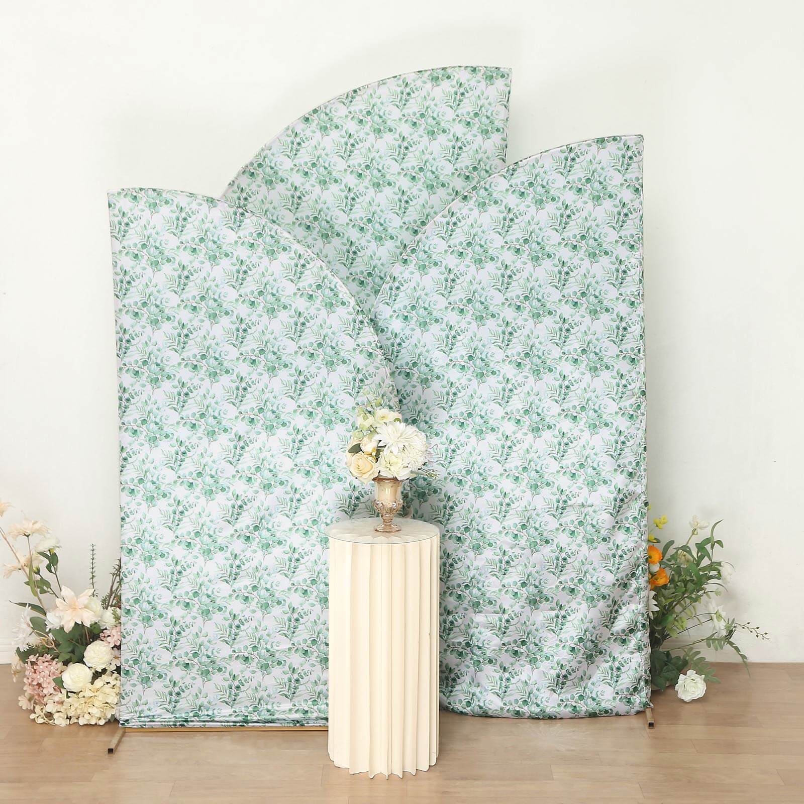 Exclusive Set of 3 Satin Wedding Arch Covers with Eucalyptus Leaves Print - 5ft, 6ft, 7ft