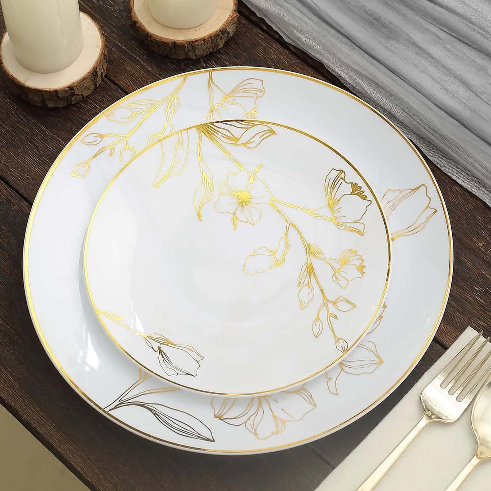 Hot Deal! Set of 20 Disposable Plastic Dinner and Dessert Plates in White with Gold Floral Design for Special Occasions
