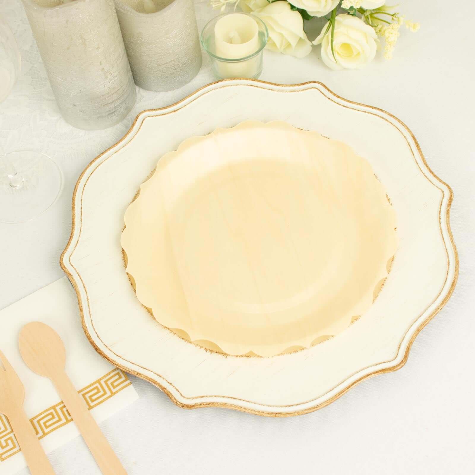 12-Piece Set of Natural Birchwood Round Dinner Plates with Scalloped Rim - Ideal for Farmhouse Events