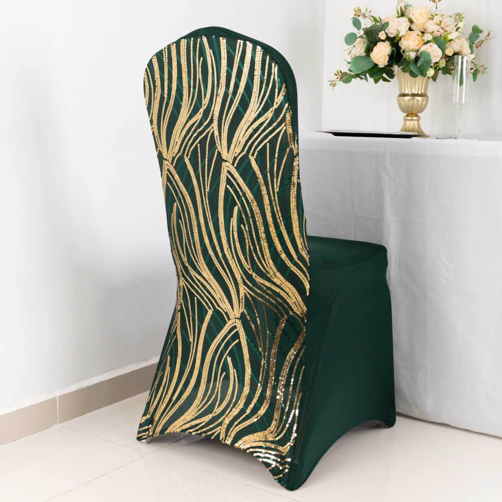 Sparkling Hunter Emerald Green/Gold Spandex Banquet Chair Covers with Wave Embroidered Sequins - Stretch Fitted Slipcovers