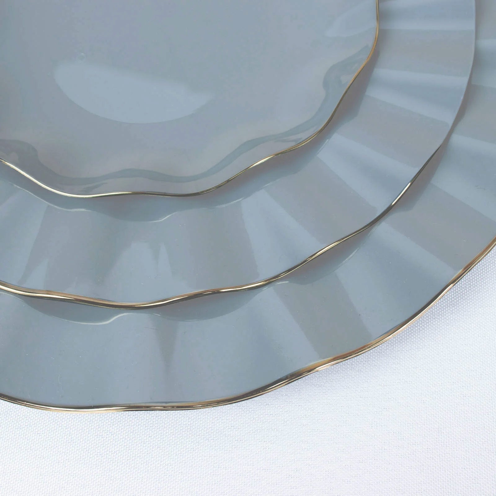 10-Pack Sturdy Disposable 11" Round Dusty Blue Dinner Plates with Gold Ruffled Edging