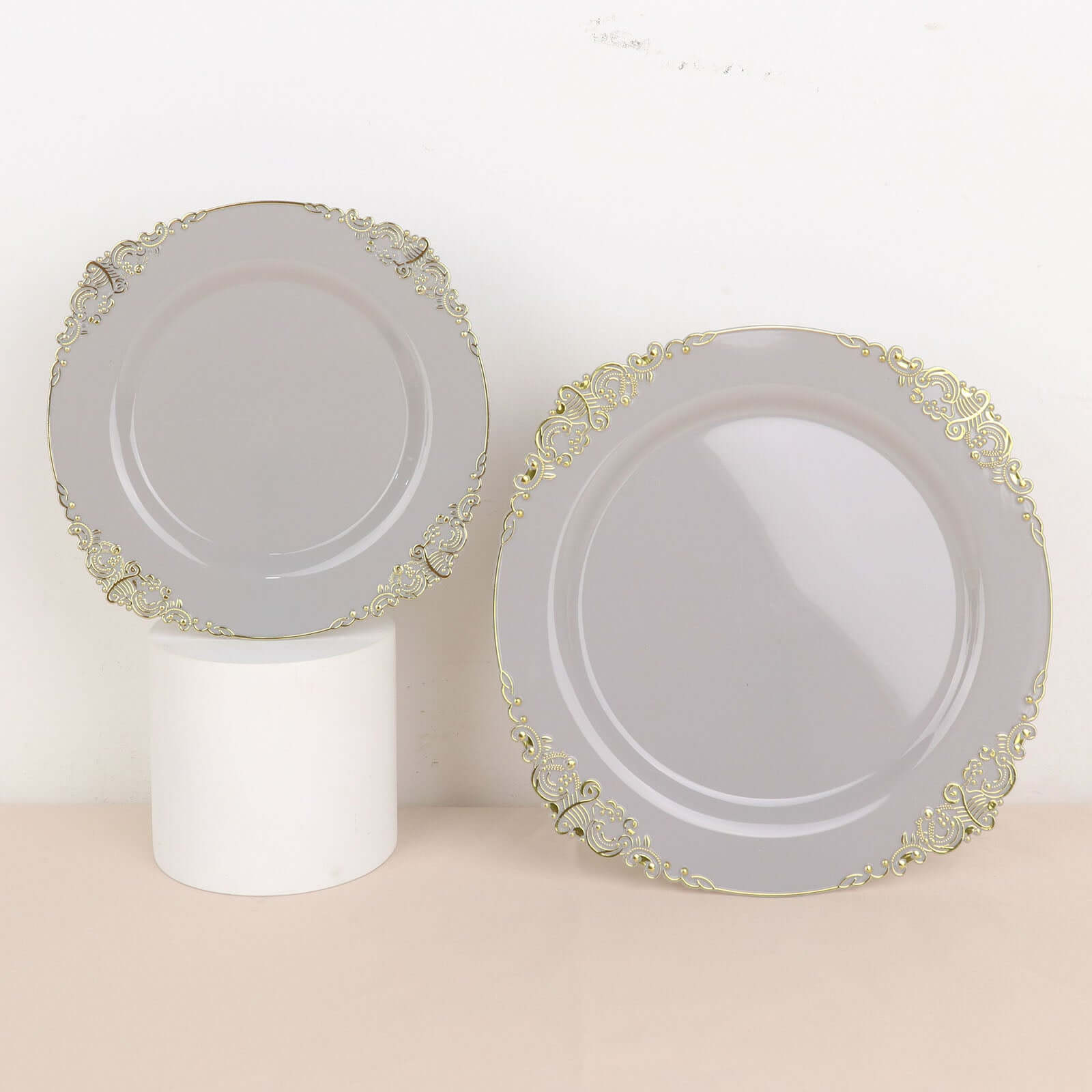 10-Pack Disposable Gray Plastic Round Dessert Plates with Gold Leaf Embossed Rim, Baroque Style