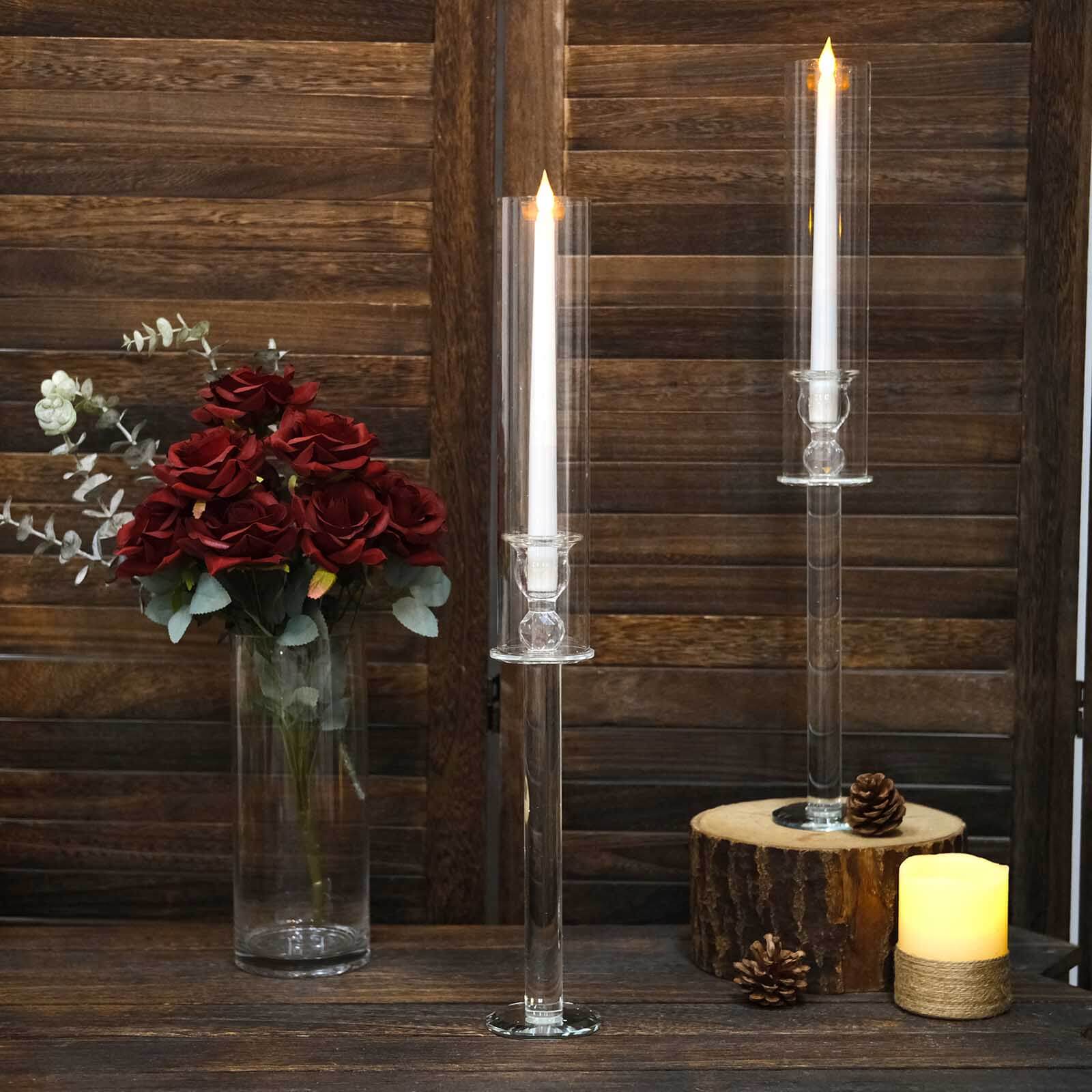 2-Pack Clear Crystal Glass Hurricane Taper Candle Holders, Ideal for Decor