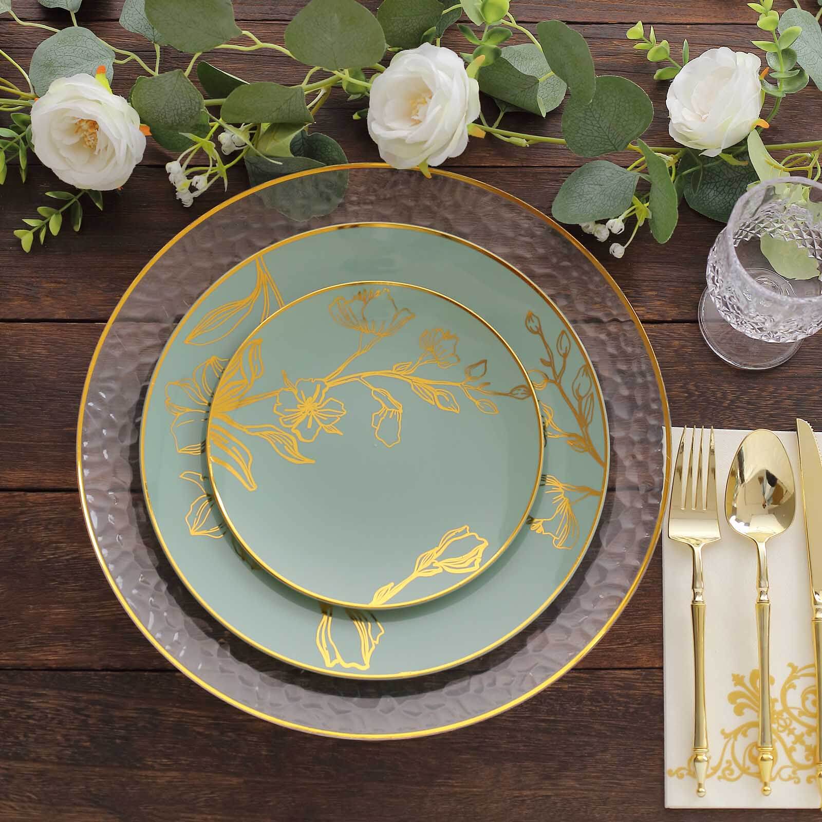 20-Piece Set of Disposable Plastic Dinner and Dessert Plates in Dusty Sage Green with Gold Floral Design