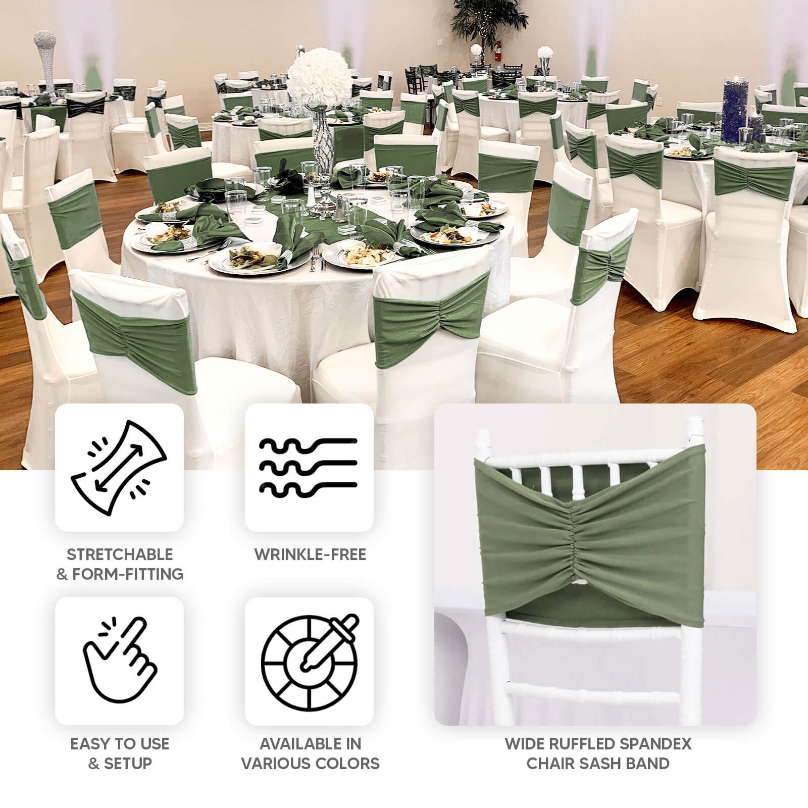 5-Piece Set of Dusty Sage Green Ruffled Spandex Chair Sashes - Wide Stretch Bands, Easy to Use