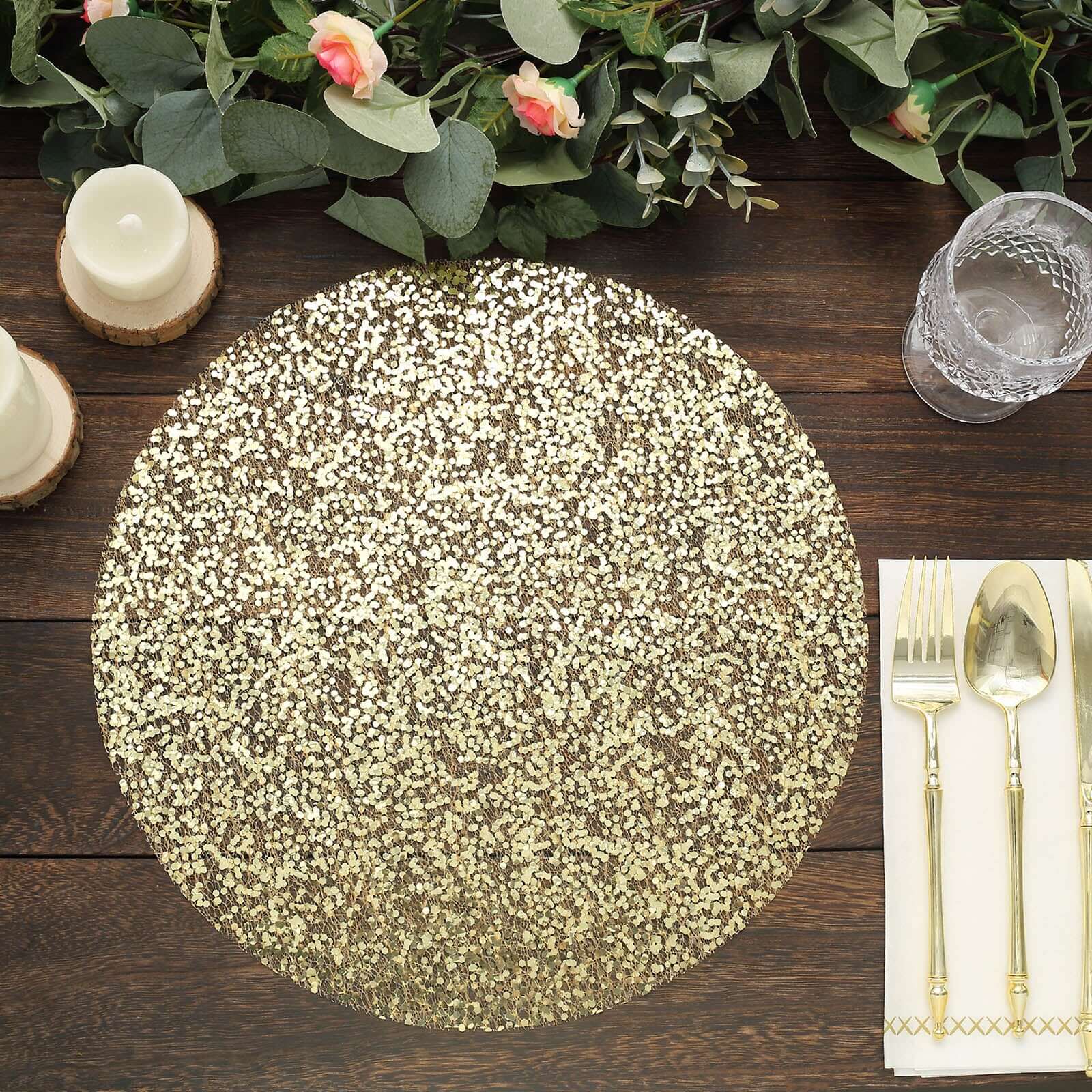 10-Piece Set of Disposable, Dust-Free Metallic Gold Sequin Round Table Placemats, 13 Inches