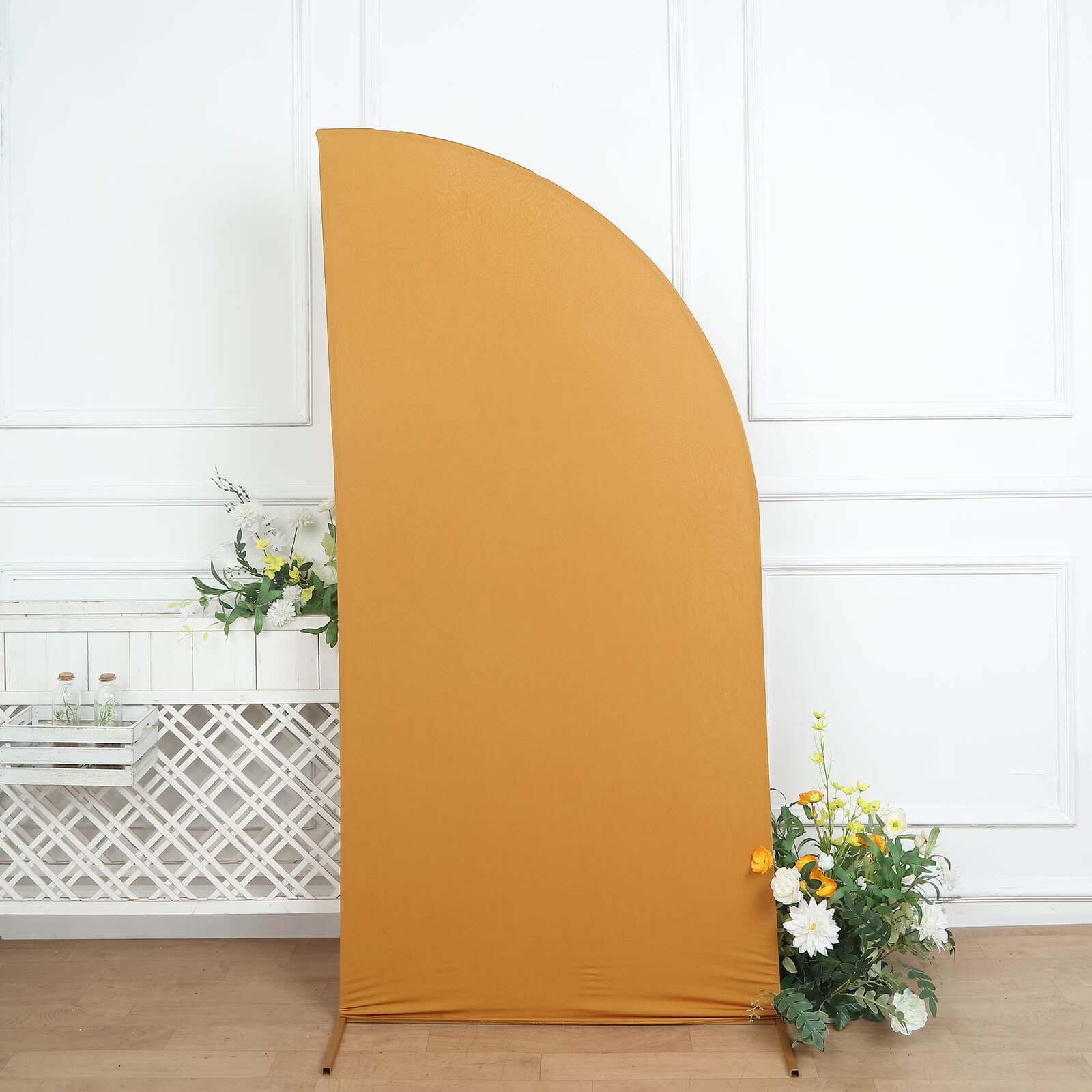 Exclusive Custom-Fitted 7ft Matte Gold Spandex Half Moon Chiara Wedding Arch Backdrop Cover
