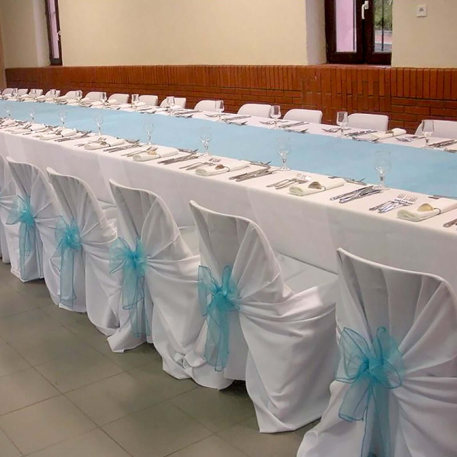 White Polyester Self-Tie Chair Cover - Universal Slip-On for Folding, Dining & Banquet Chairs