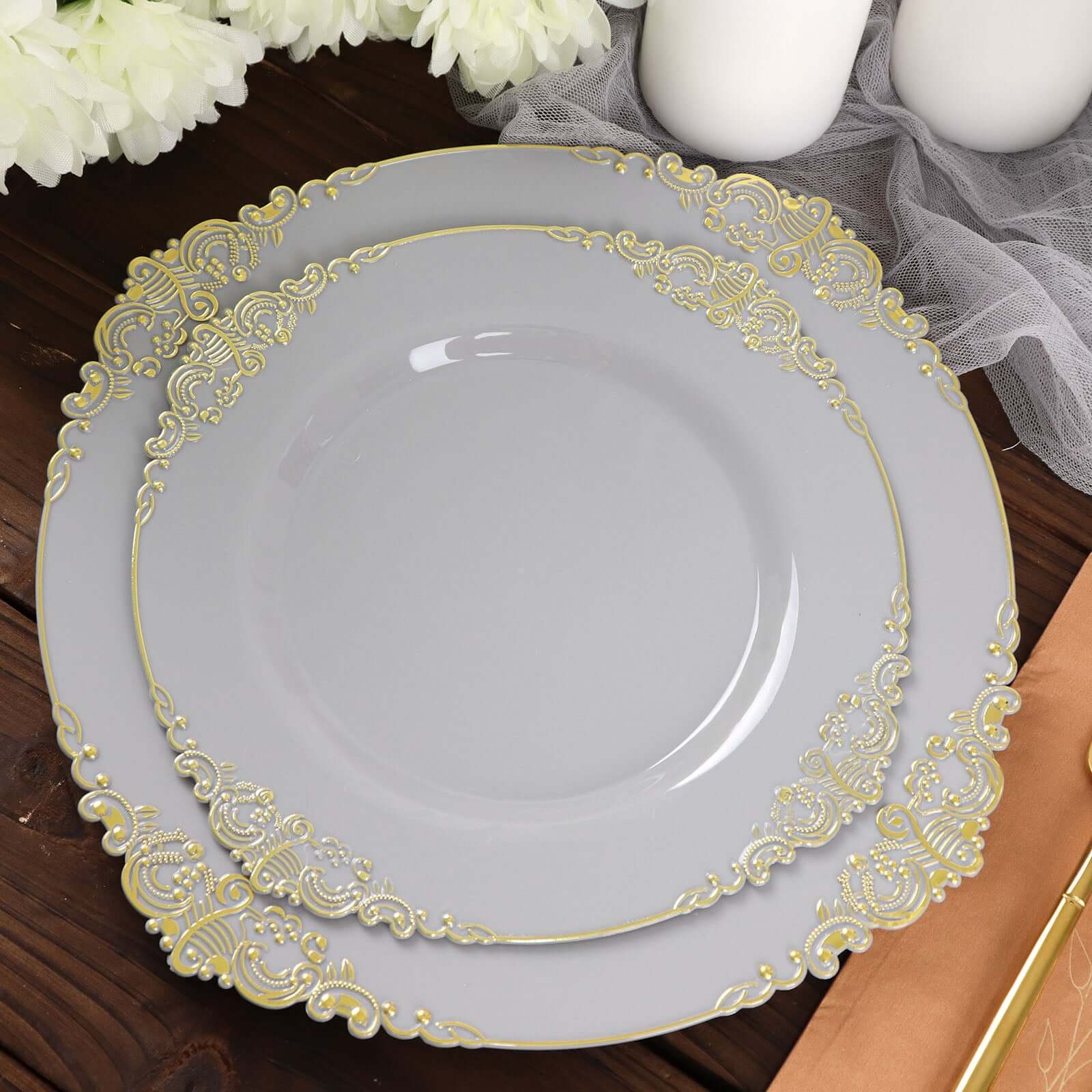 10-Pack Disposable Gray Plastic Round Dessert Plates with Gold Leaf Embossed Rim, Baroque Style