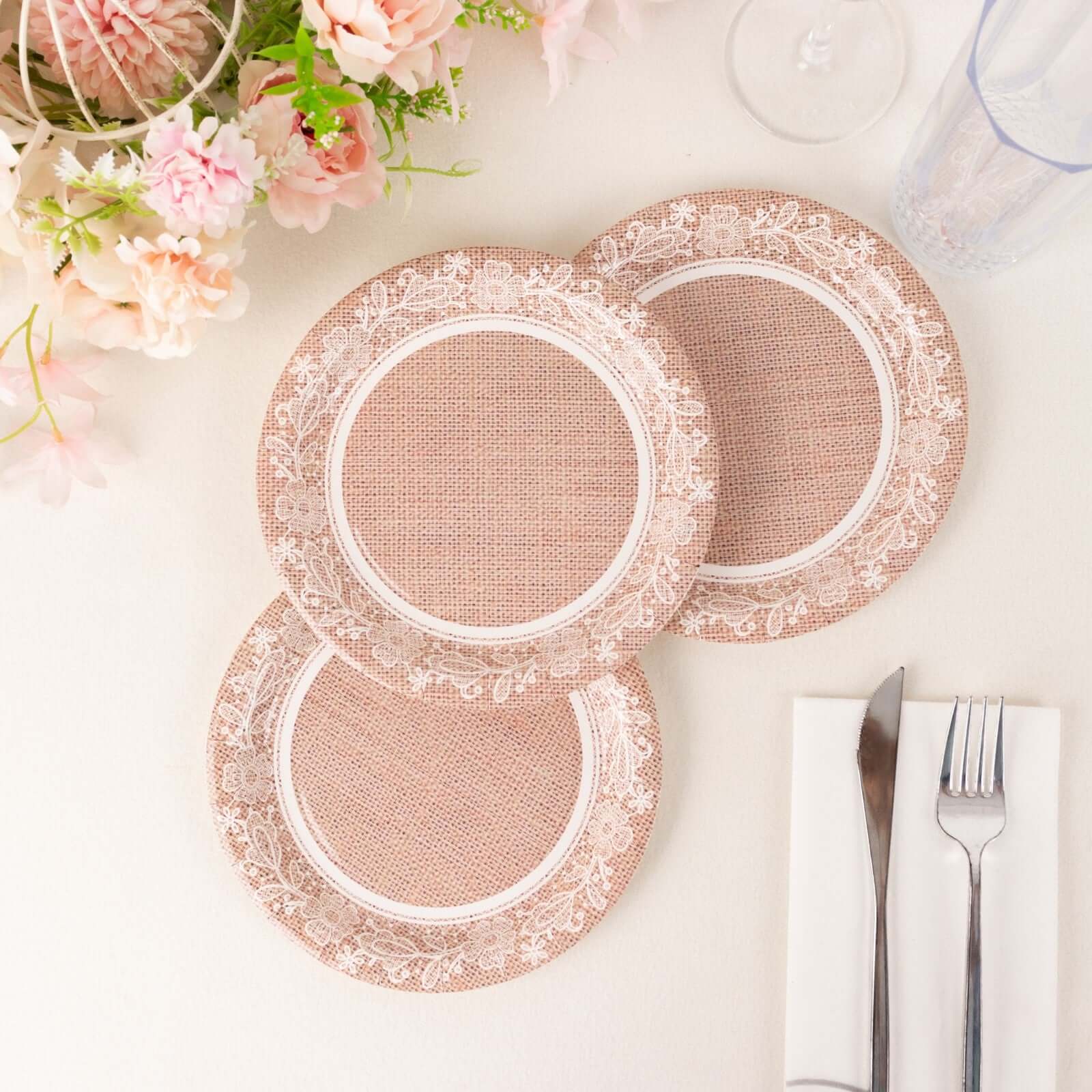 Get 25-Pack Disposable 7-Inch Round Paper Dessert Plates with Burlap Print & Floral Lace for Farmhouse Events