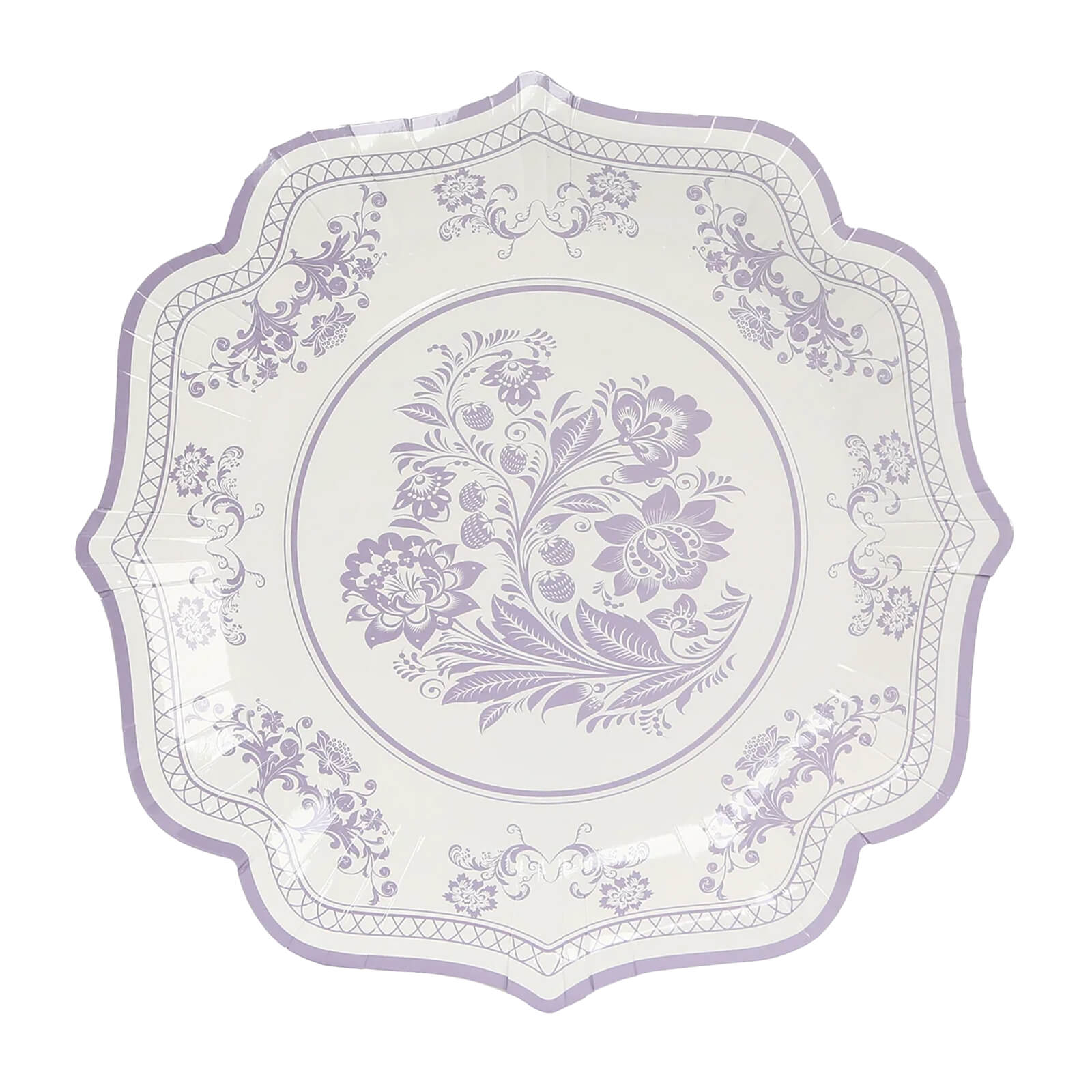 25-Piece Set of White and Lavender Lilac Damask Floral Disposable Paper Dinner Plates, 10-Inch