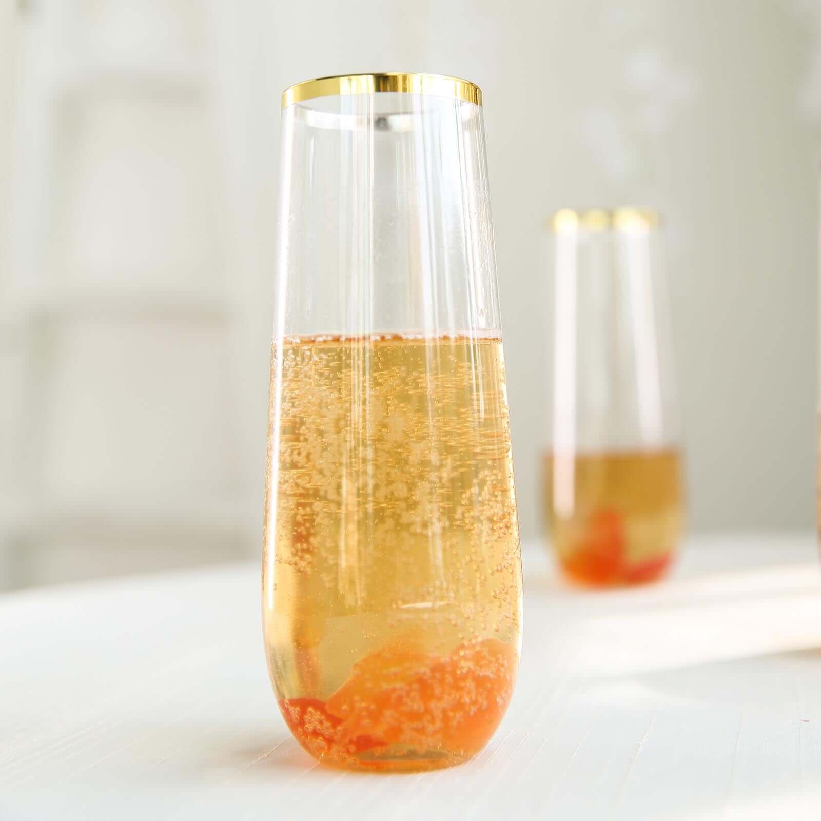 9oz Reusable 6-Pack Clear Plastic Stemless Champagne Flutes with Gold Rim