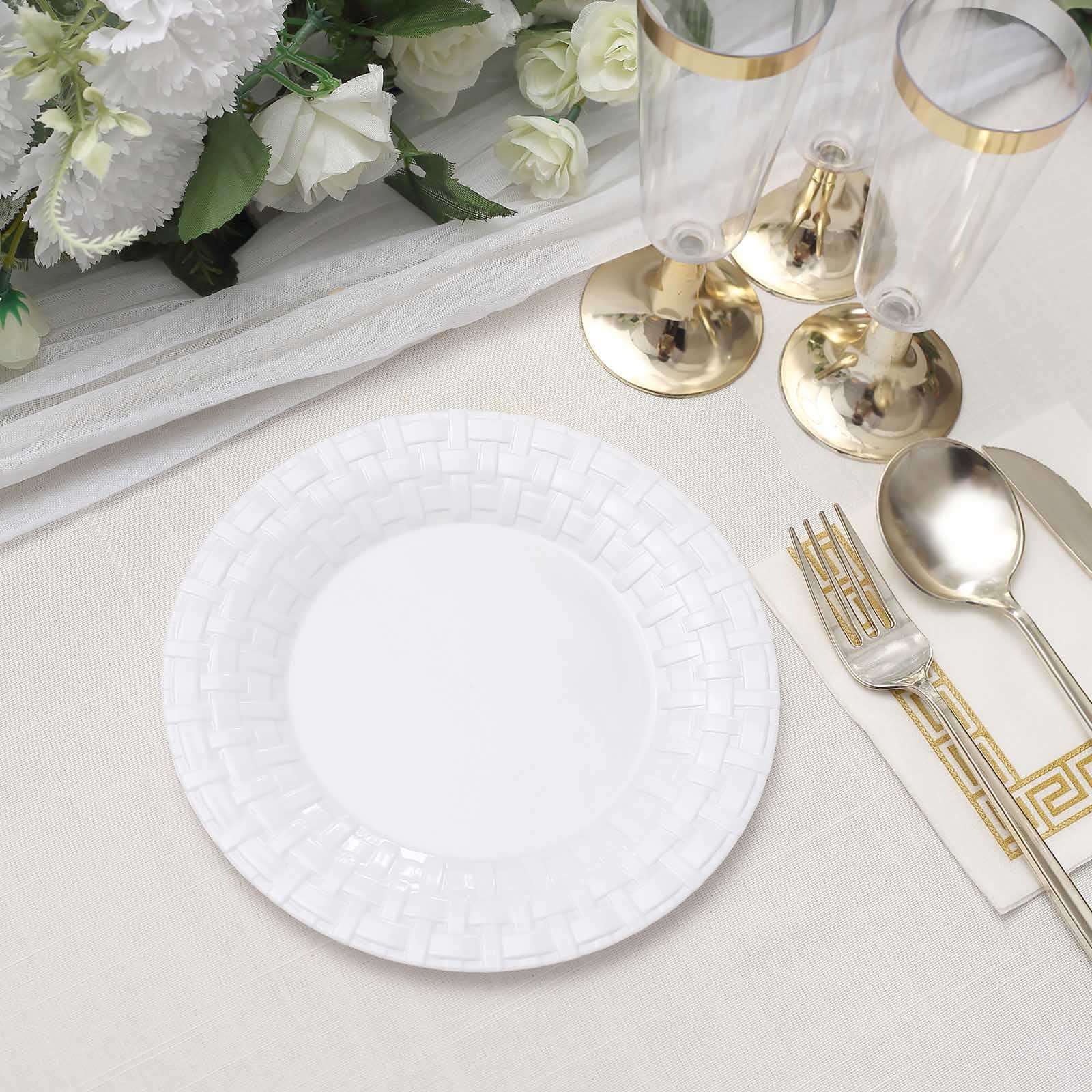 10-Piece Set of 7-Inch White Basketweave Rim Round Disposable Plastic Salad & Dessert Plates