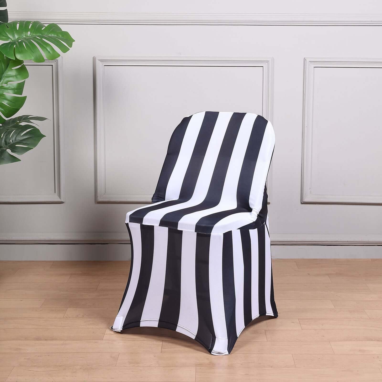 Black/White Vertical Striped 160GSM Stretch Spandex Slipcover for Folding Chairs with Foot Pockets